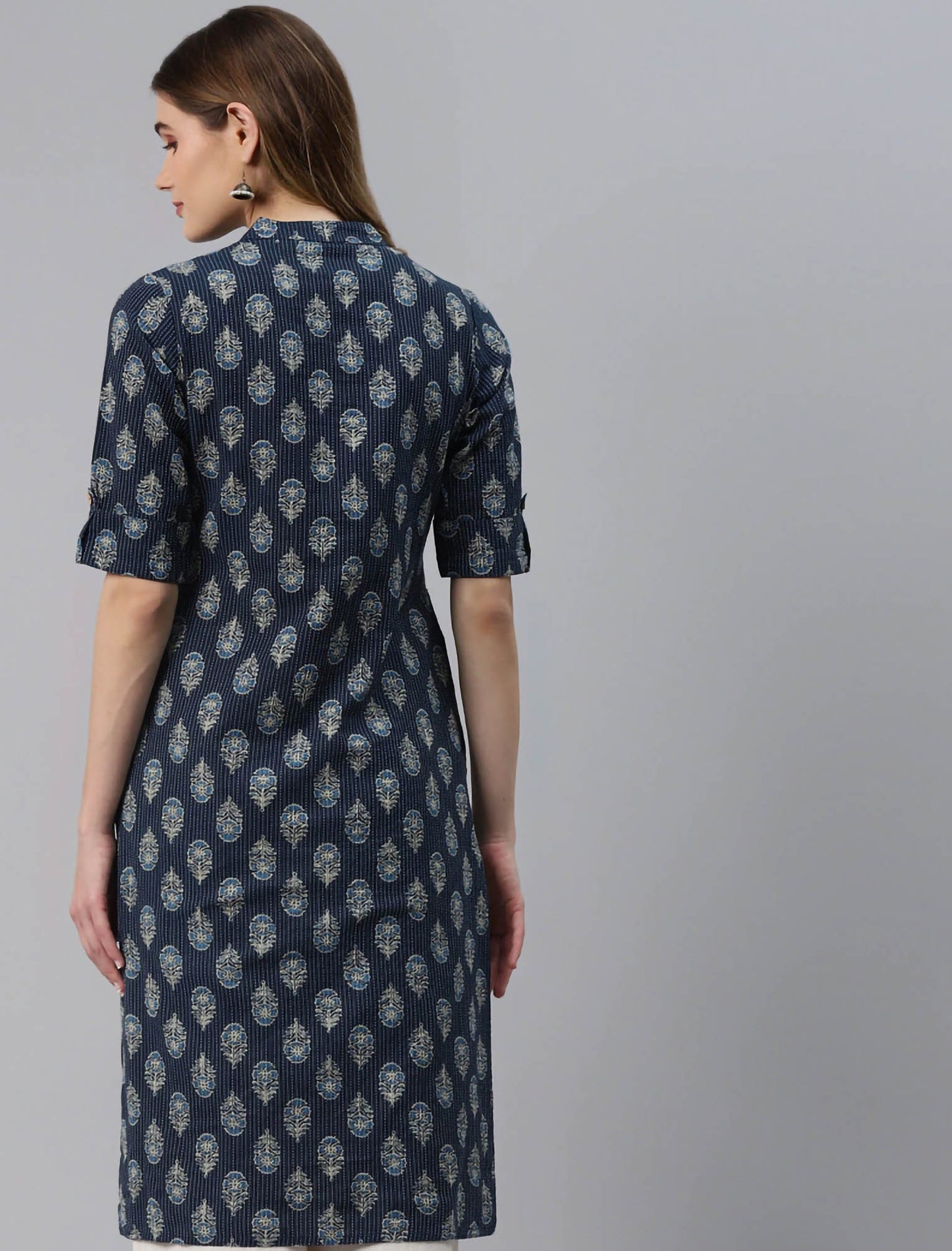 Navy Blue Floral Printed Pure Cotton Ethnic Kurta For Women