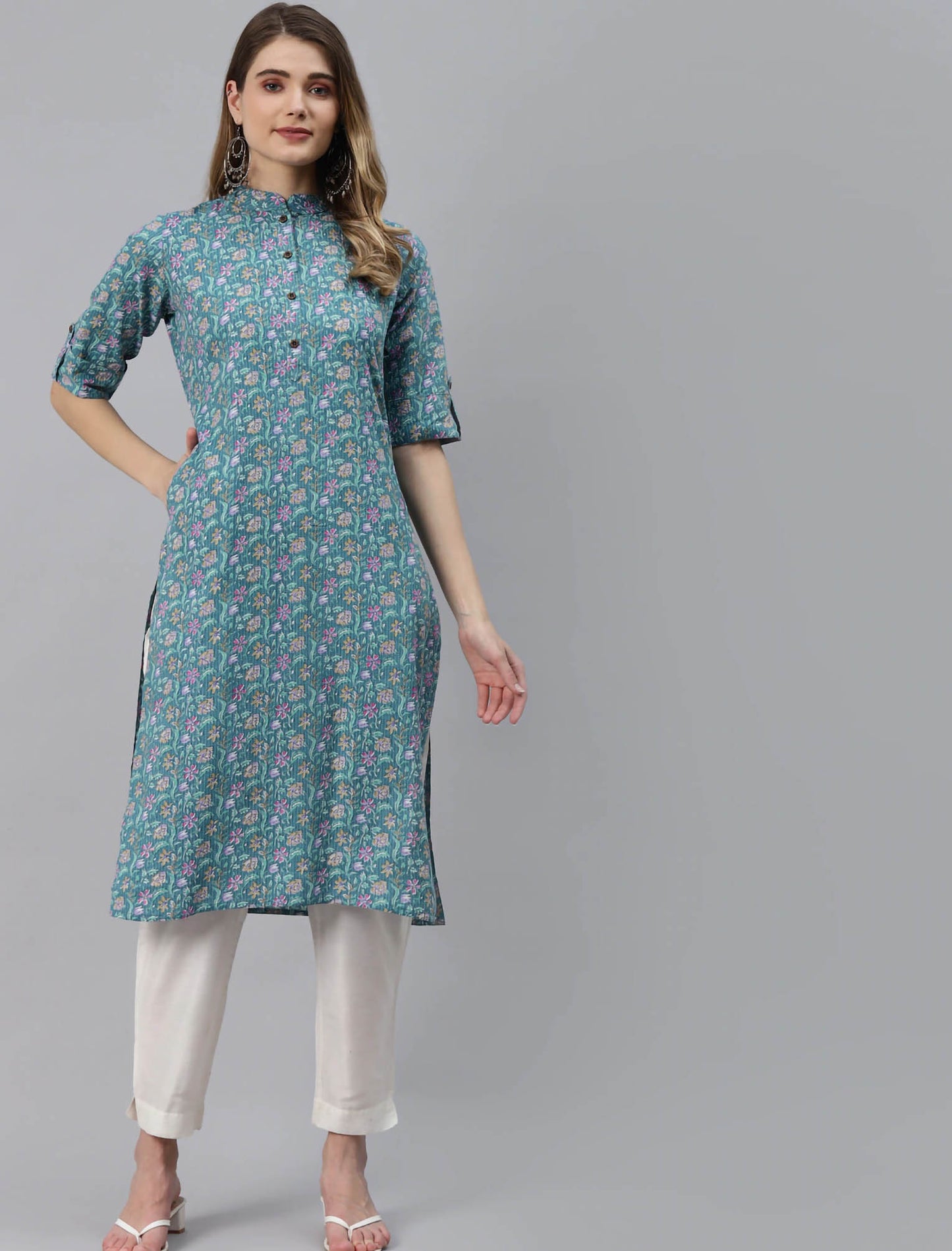 Sea Green Floral Printed Cotton Ethnic Kurta For Women