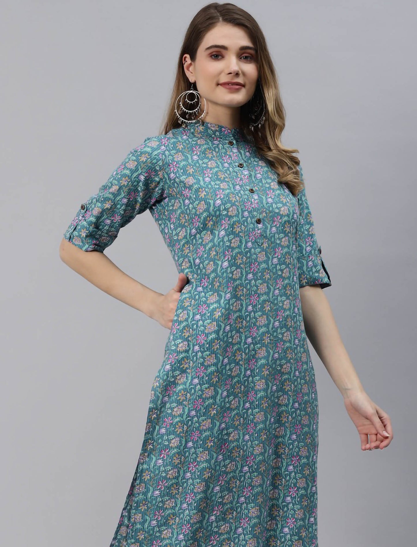 Sea Green Floral Printed Cotton Ethnic Kurta For Women