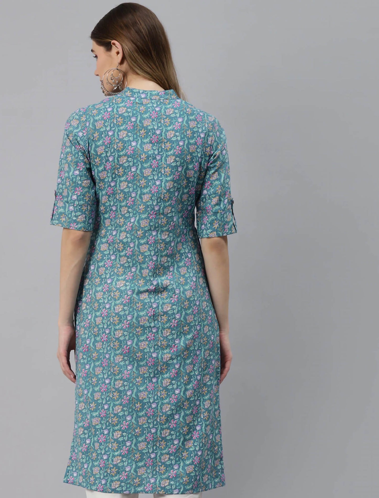 Sea Green Floral Printed Cotton Ethnic Kurta For Women