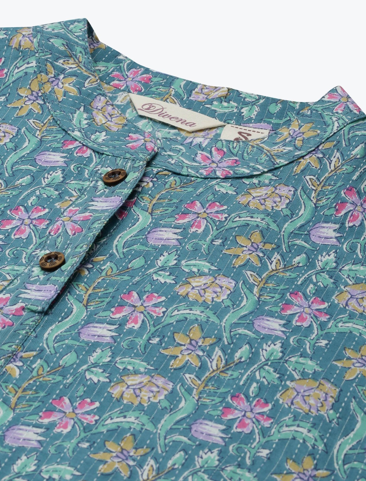 Sea Green Floral Printed Cotton Ethnic Kurta For Women