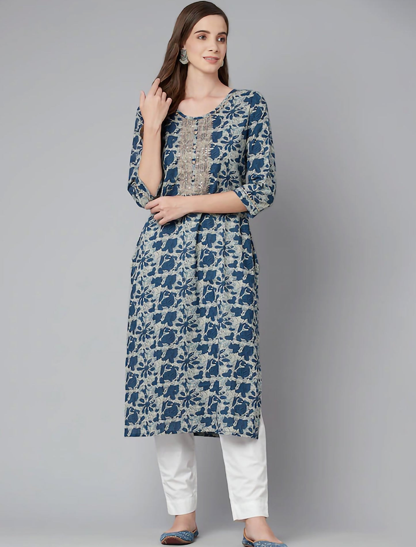 Blue & Cream-Coloured Cotton Floral Printed Floral Divena Kurta For Women