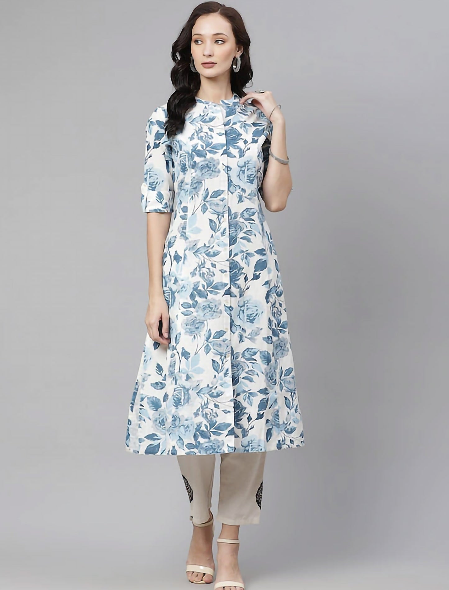 White & Blue Pure Cotton Floral Printed Divena Kurta For Women