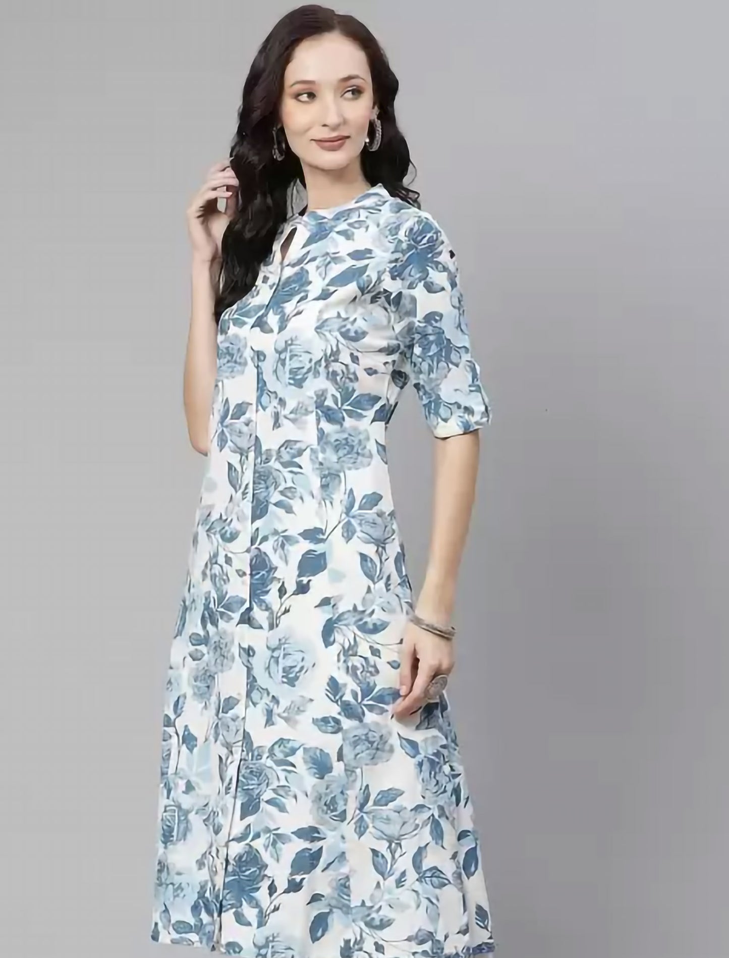 White & Blue Pure Cotton Floral Printed Divena Kurta For Women