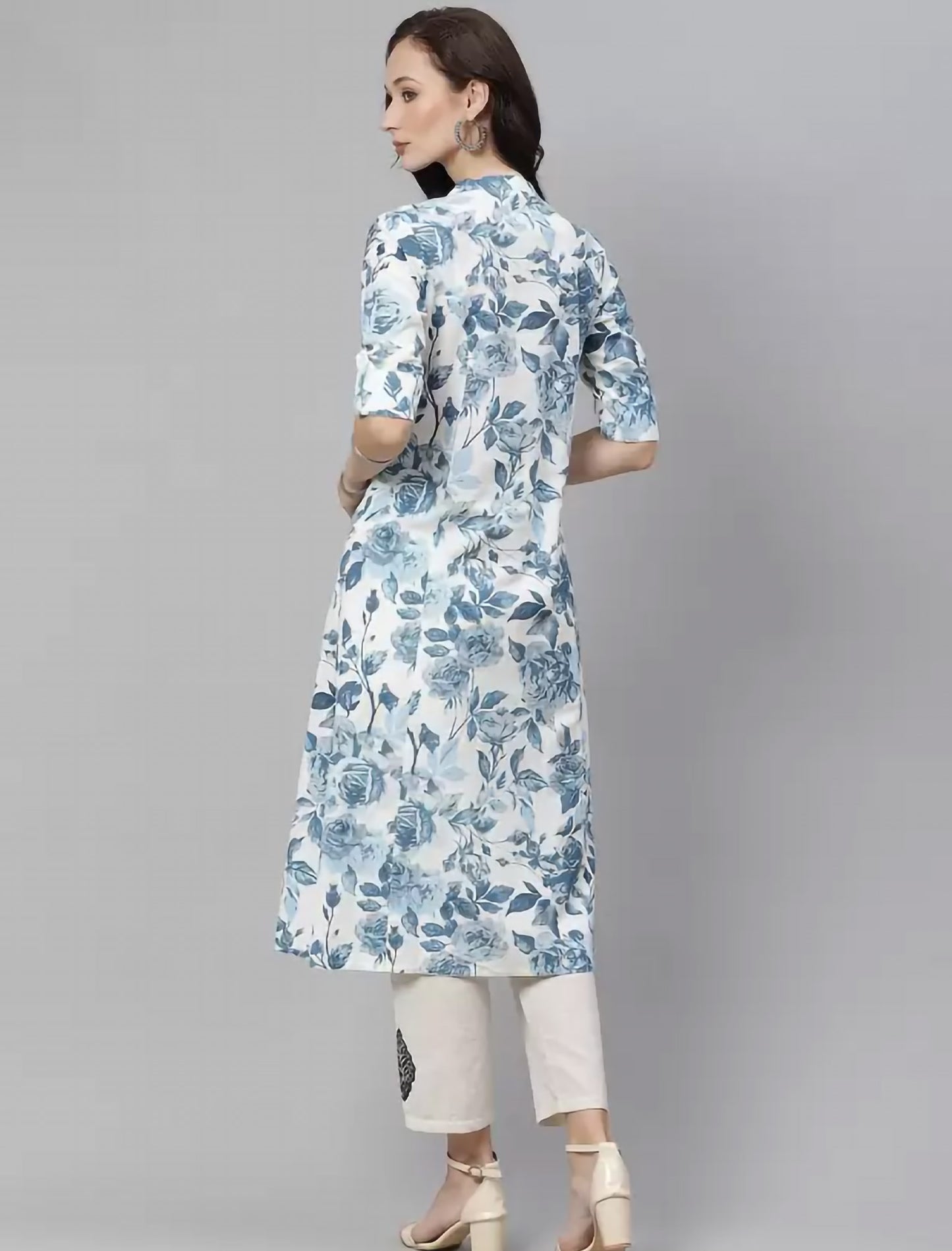 White & Blue Pure Cotton Floral Printed Divena Kurta For Women