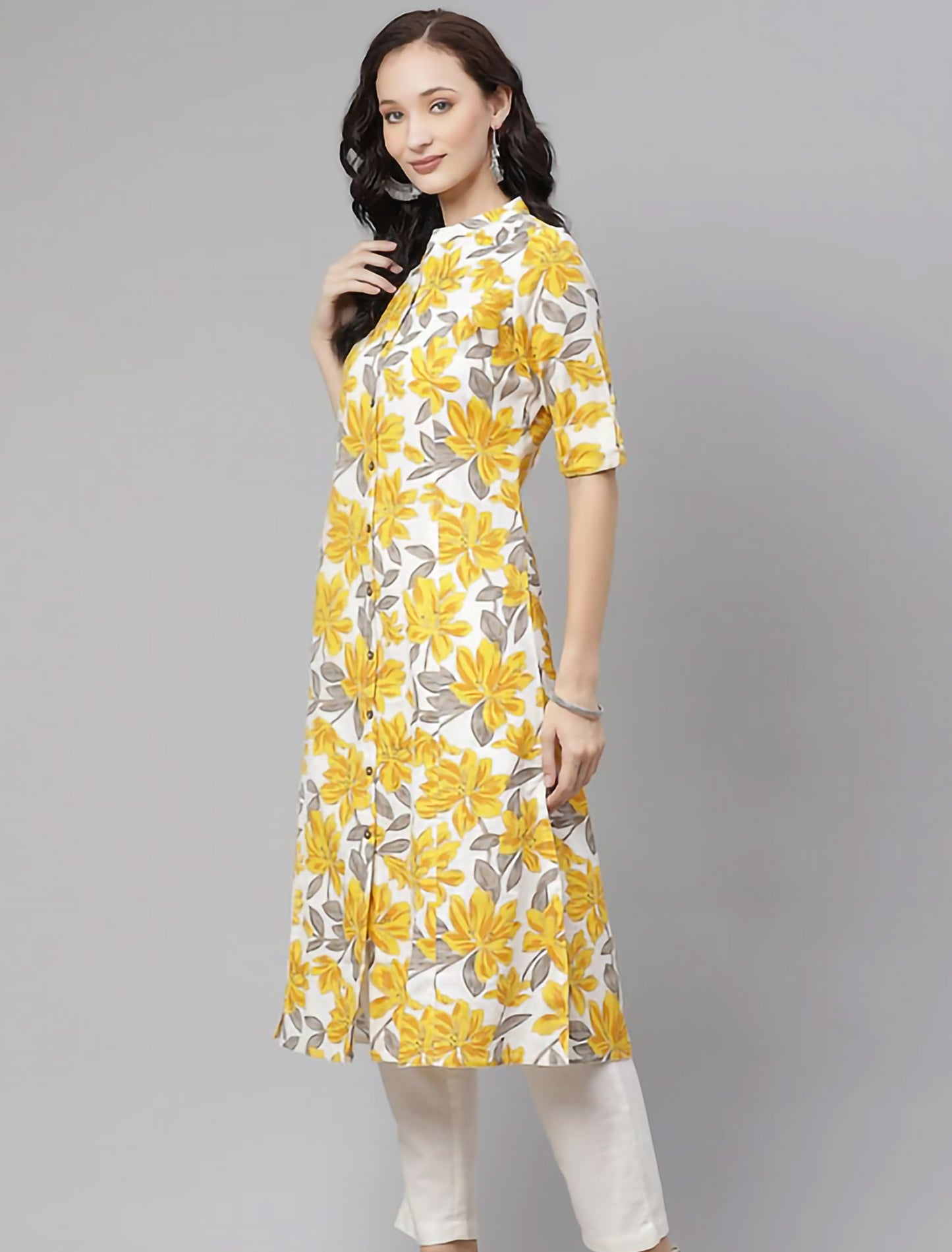 White & Mustard Yellow Floral Print Pure Cotton Divena Kurta For Women