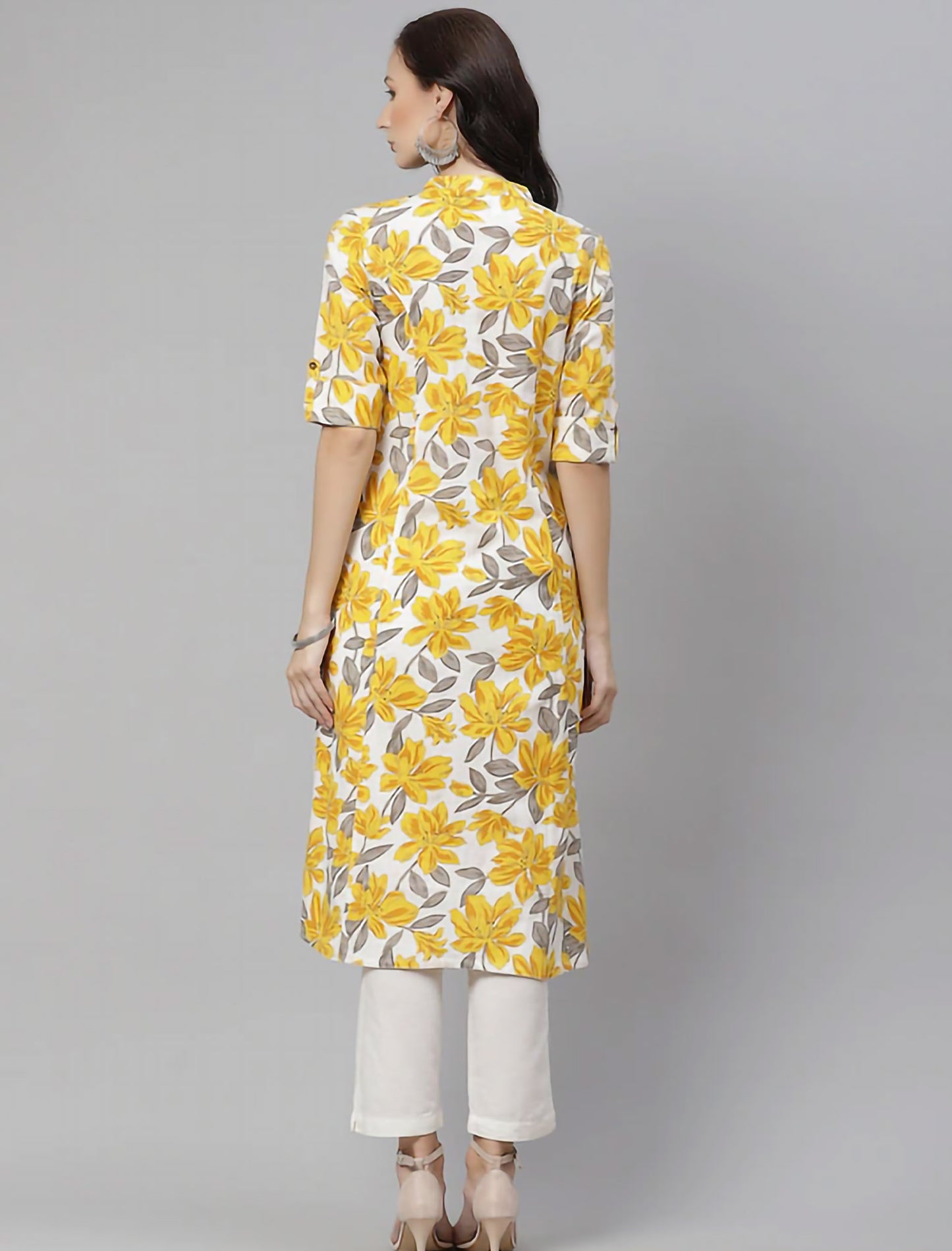 White & Mustard Yellow Floral Print Pure Cotton Divena Kurta For Women