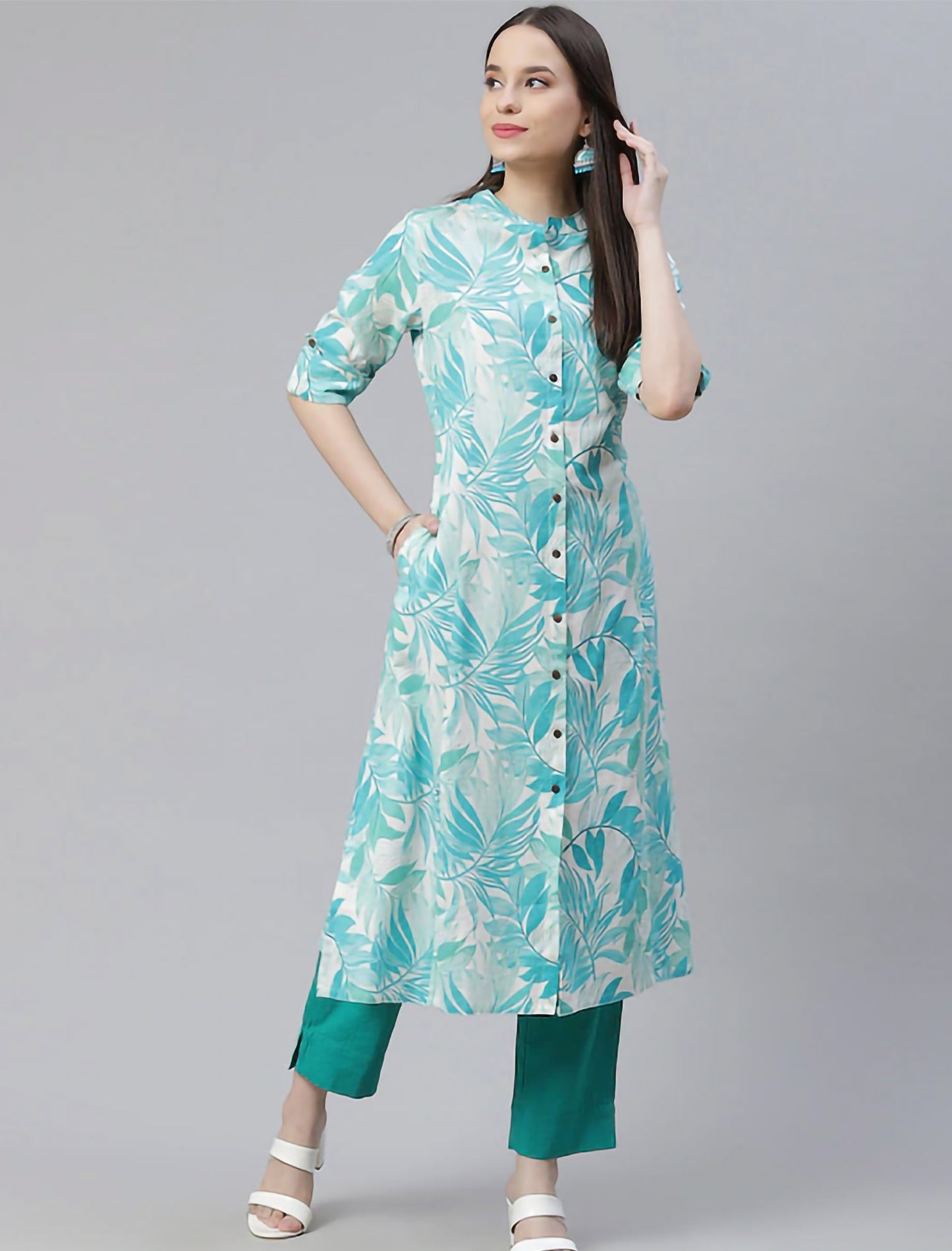 White & Turquoise Blue Floral Printed Pure Cotton Divena Kurta For Women