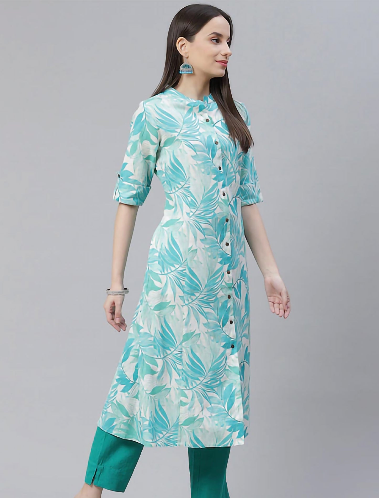 White & Turquoise Blue Floral Printed Pure Cotton Divena Kurta For Women