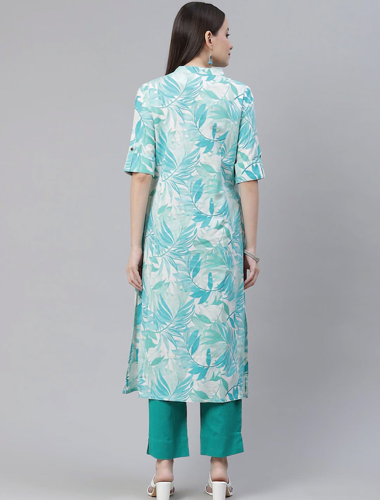 White & Turquoise Blue Floral Printed Pure Cotton Divena Kurta For Women