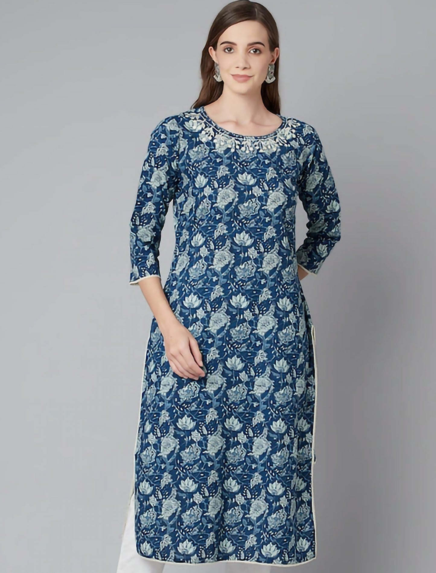 Blue & Off White Floral Ethnic Kurta For Women