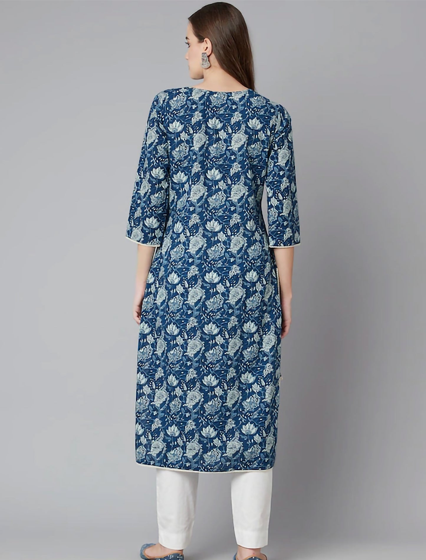 Blue & Off White Floral Ethnic Kurta For Women