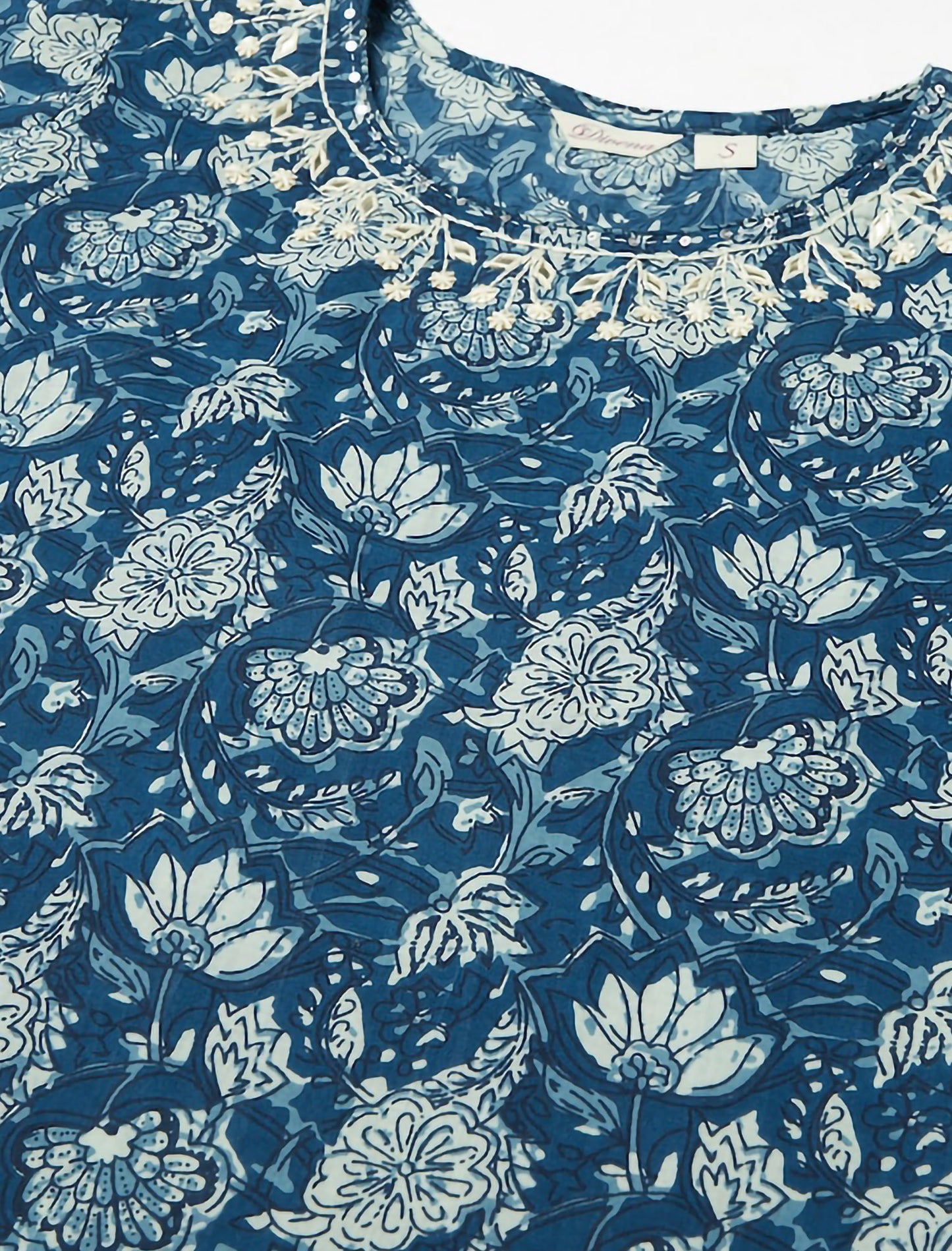 Blue & Off White Floral Ethnic Kurta For Women