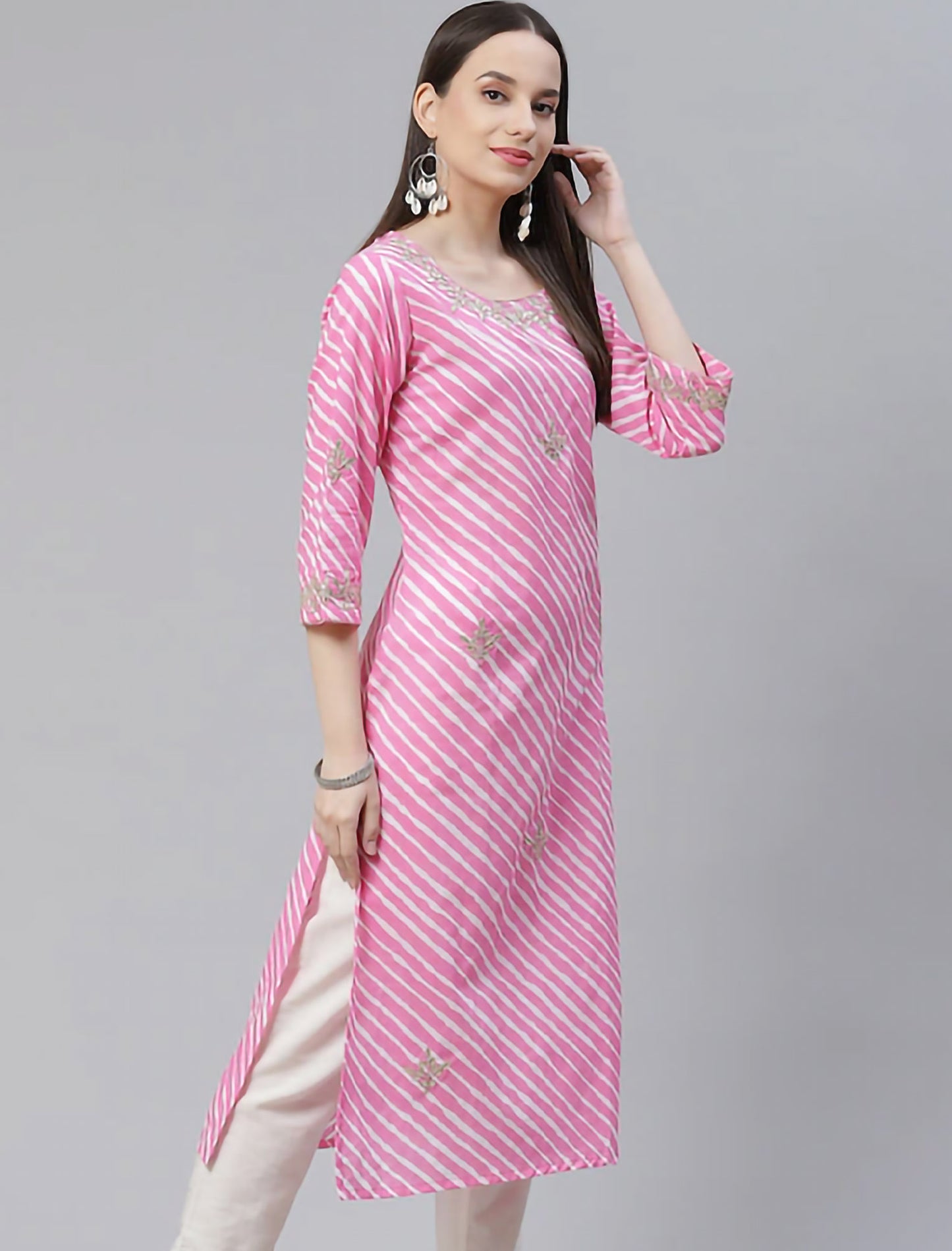 Pink Leheriya Printed Gotta Patti Ethnic Kurta For Women