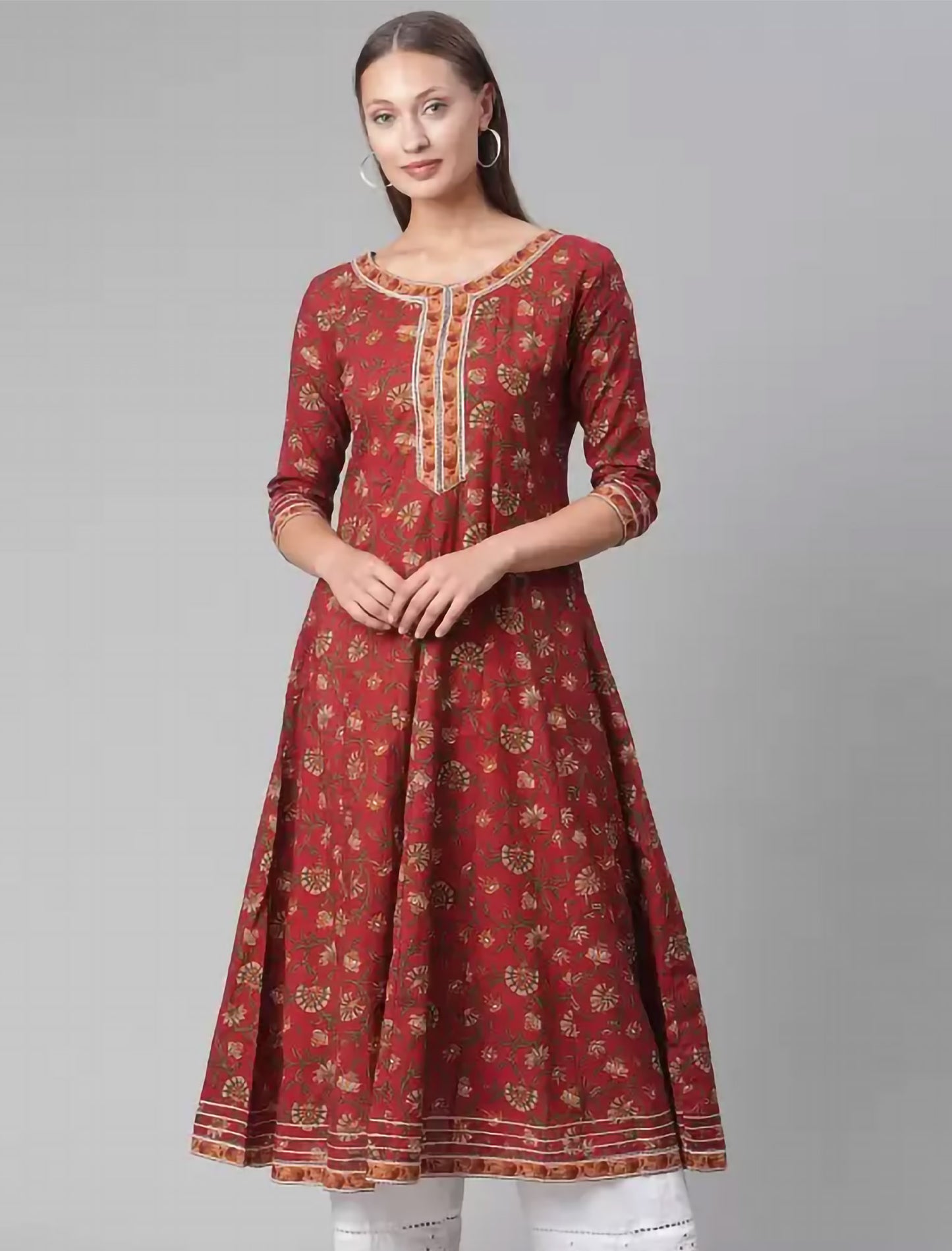 Maroon Printed Floral Anarkali Ethnic Kurta For Women
