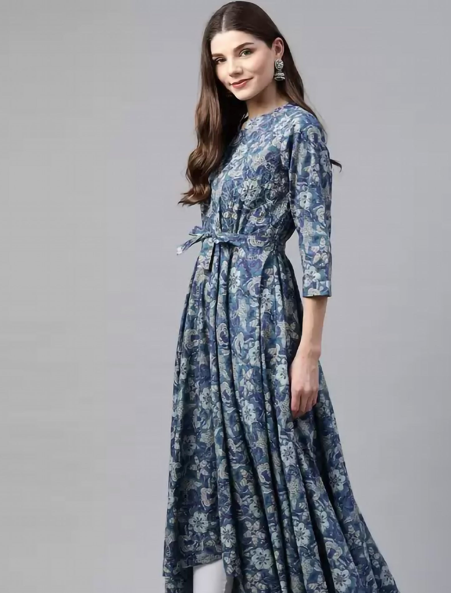 Blue & Beige Ethnic Cotton Anarkali Kurta