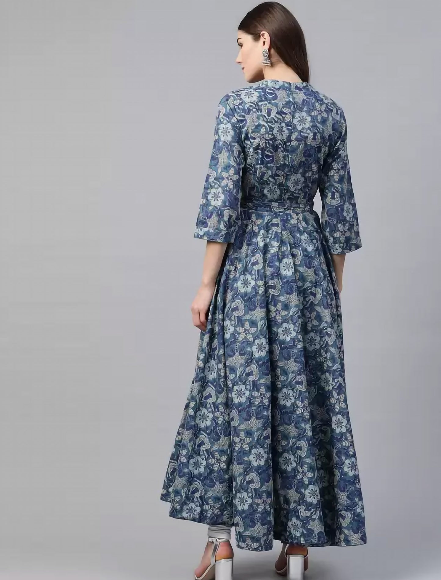 Blue & Beige Ethnic Cotton Anarkali Kurta
