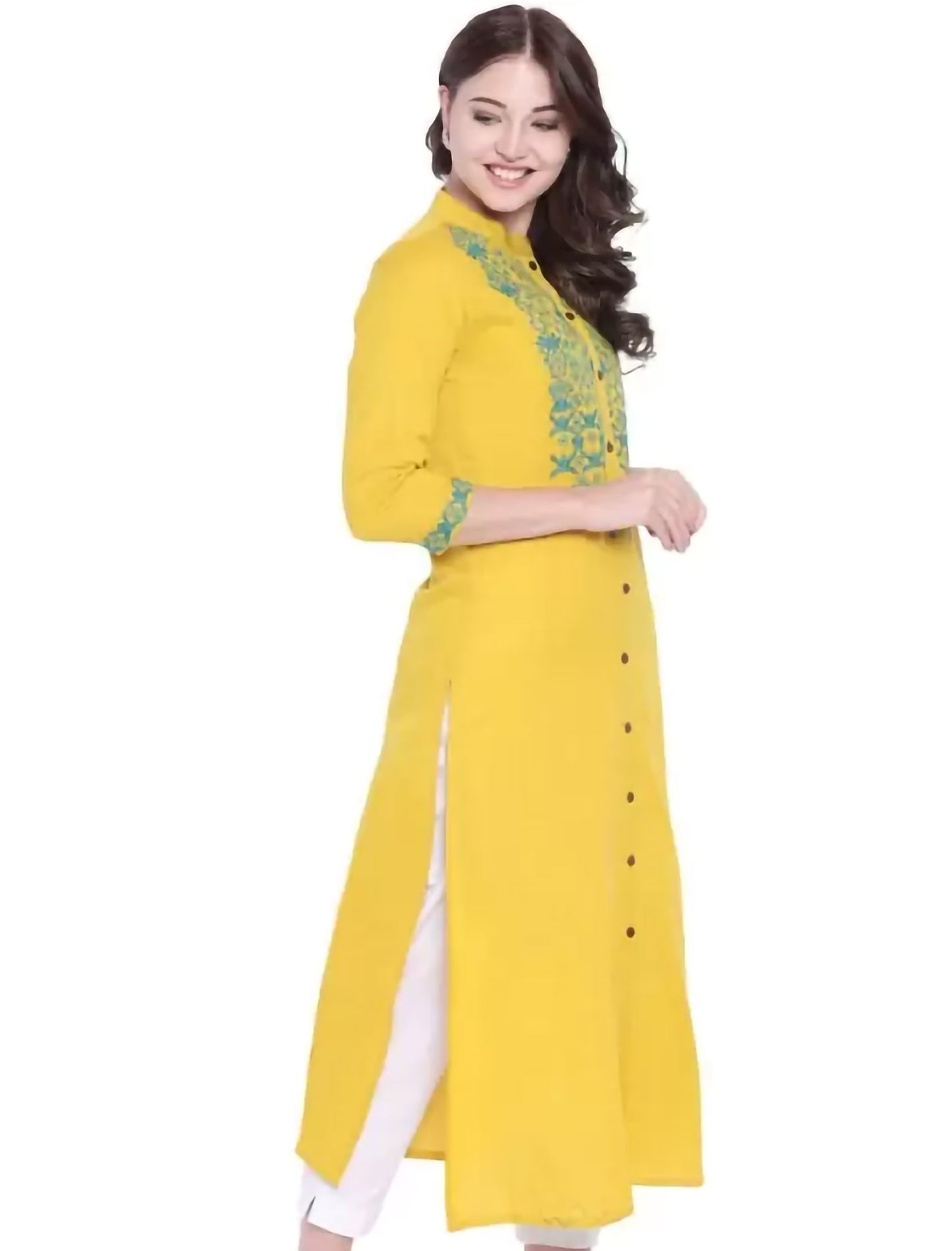 Mustard Yellow & Green Yoke Design A-Line Divena Kurta For Women