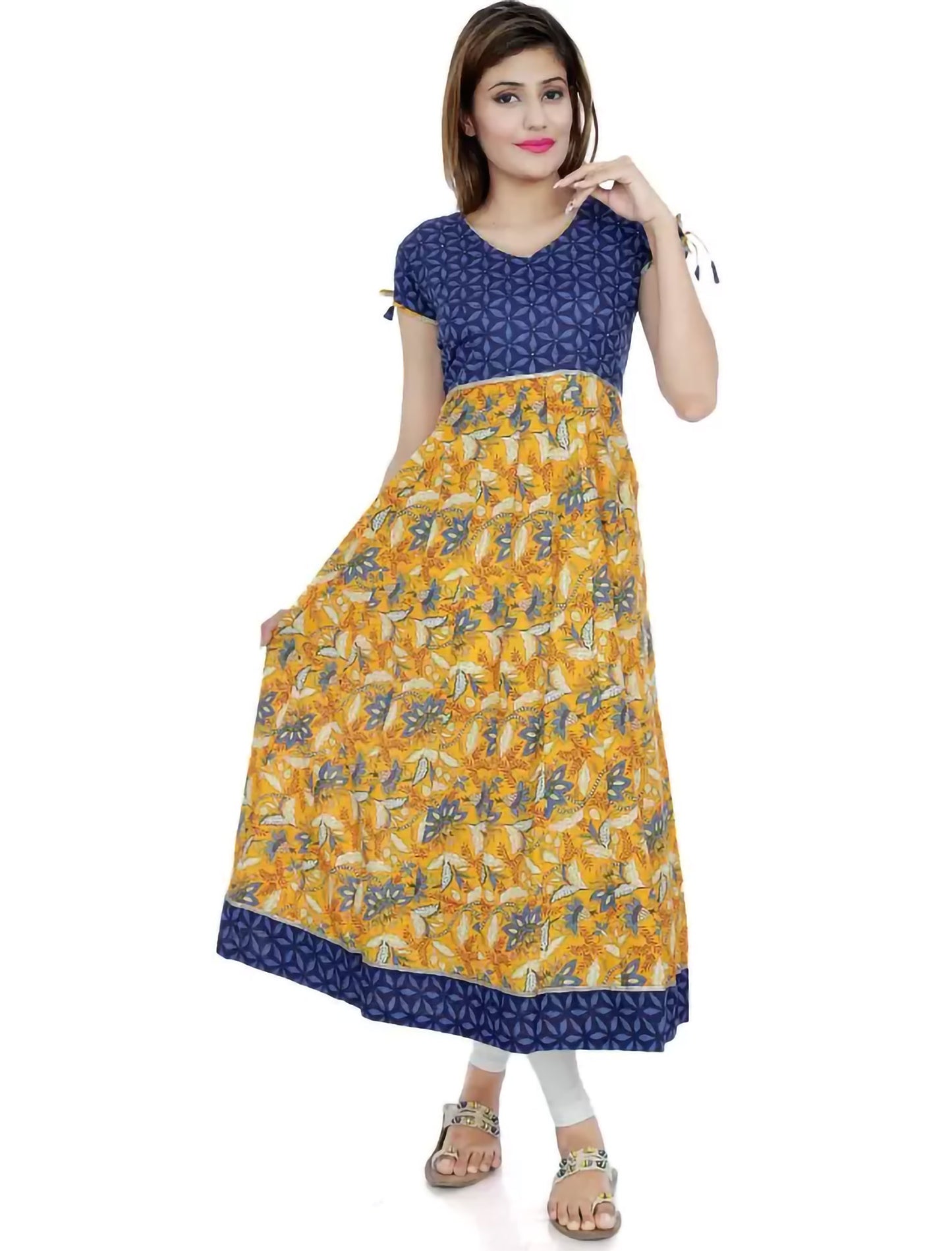 Blue & Yellow Printed Cotton Blend Anarkali Divena Kurta For Women