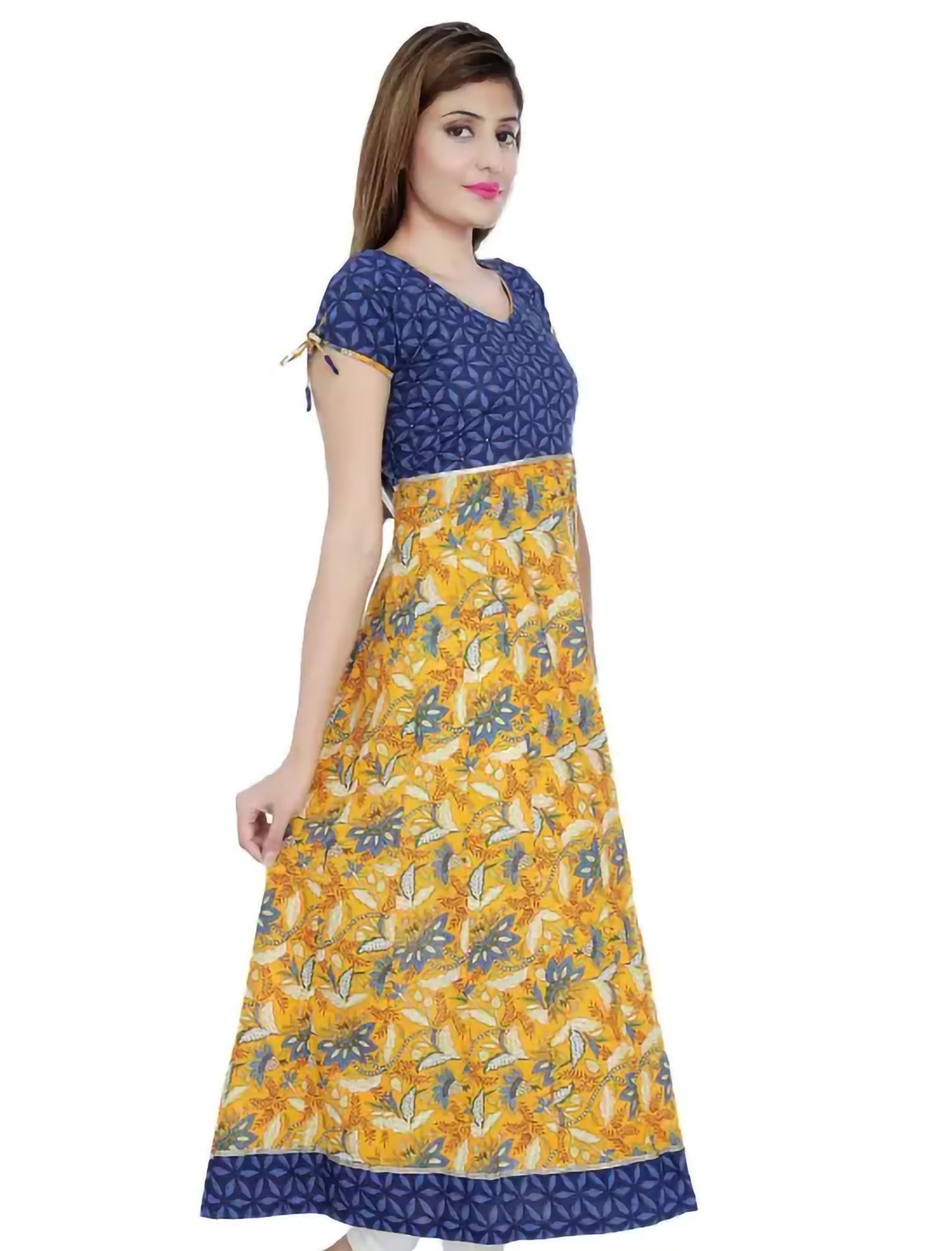 Blue & Yellow Printed Cotton Blend Anarkali Divena Kurta For Women
