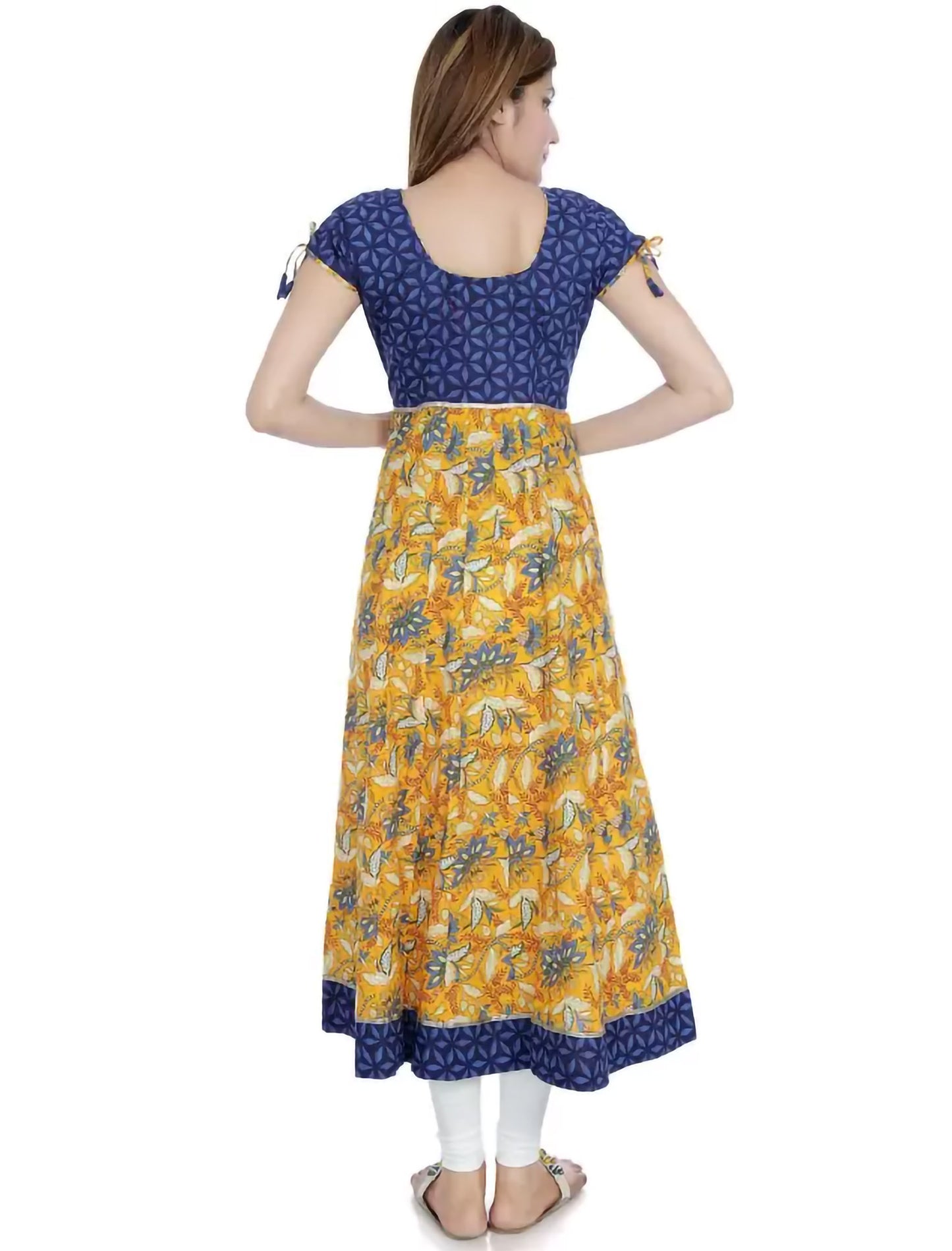 Blue & Yellow Printed Cotton Blend Anarkali Divena Kurta For Women