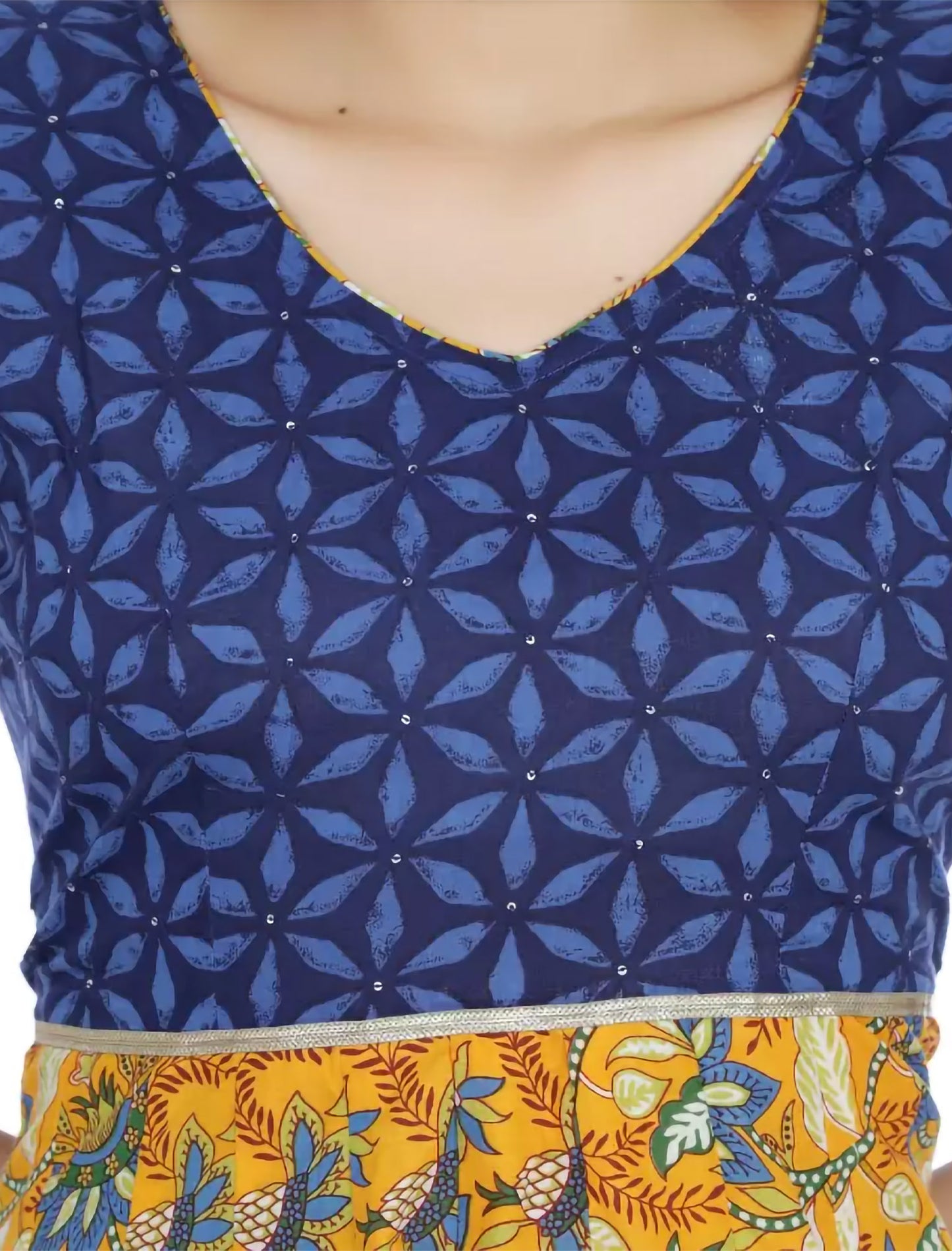 Blue & Yellow Printed Cotton Blend Anarkali Divena Kurta For Women