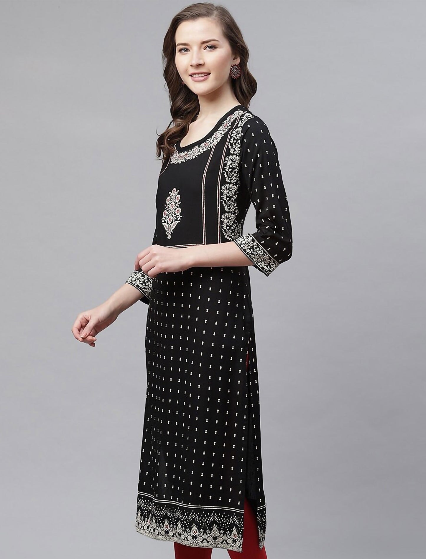 Black Beads And Stones Floral Printed Divena Kurta For Women