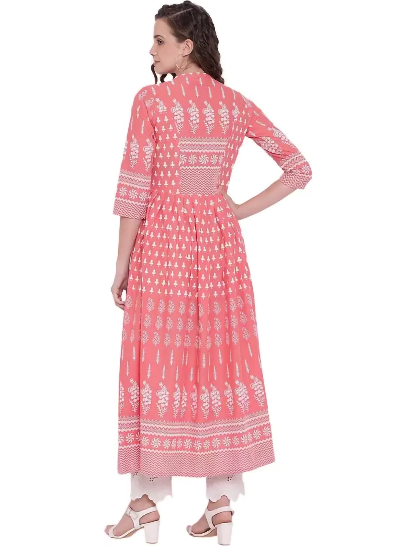 Pink & White Printed Anarkali Divena Kurta For Women