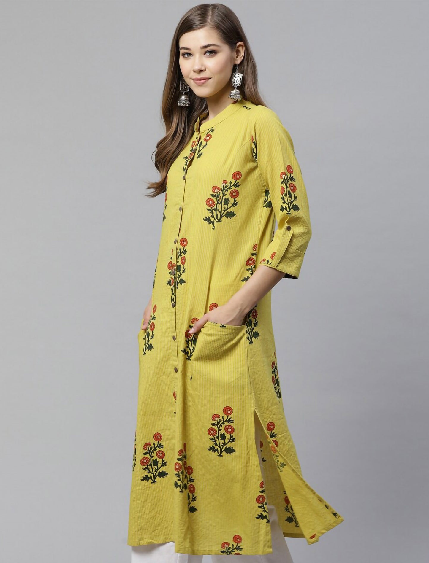 Yellow Floral Printed Cotton Divena Kurta For Women