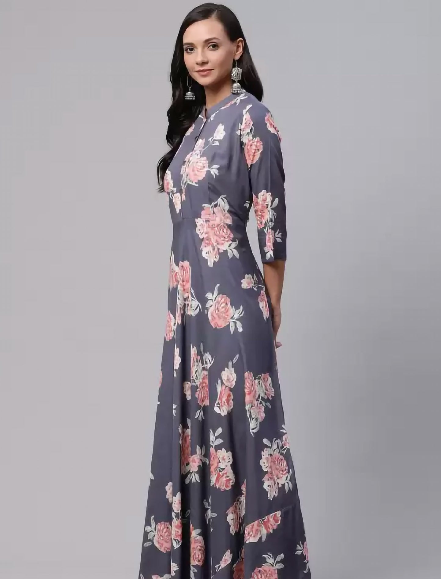 Grey Floral Printed Anarkali Gown Divena Kurta For Women