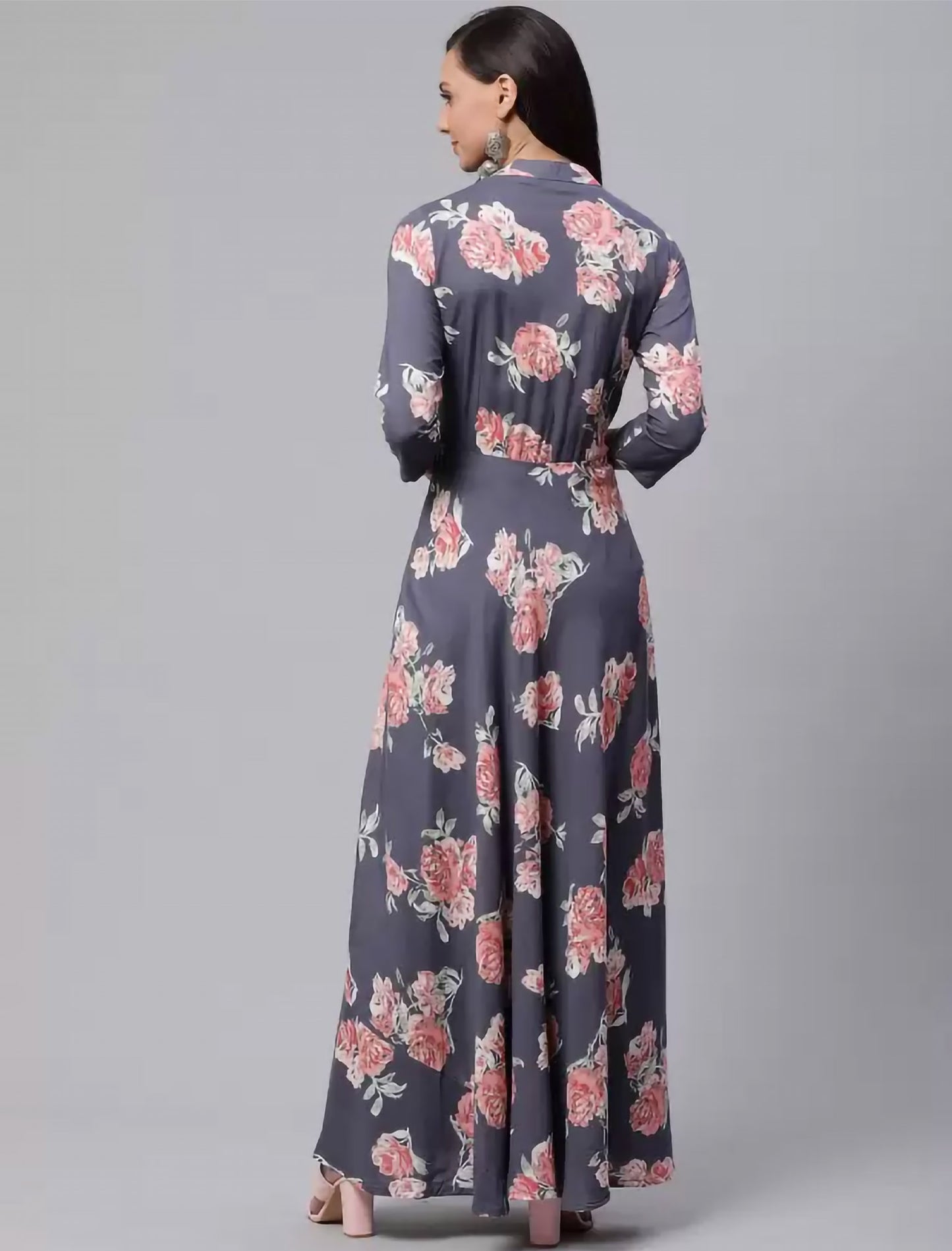 Grey Floral Printed Anarkali Gown Divena Kurta For Women