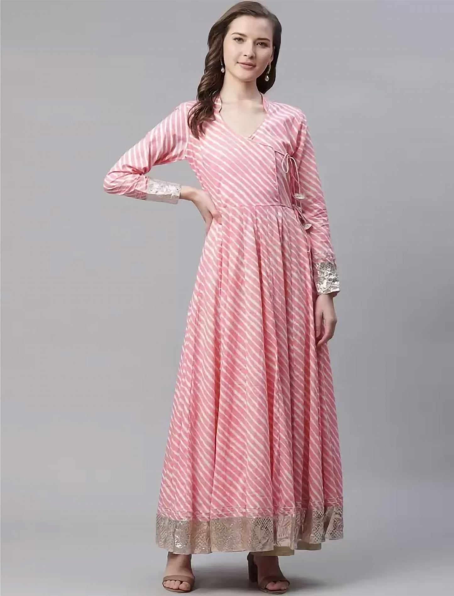 Pink & White Leheriya Print Angrakha Anarkali Ethnic Kurta For Women
