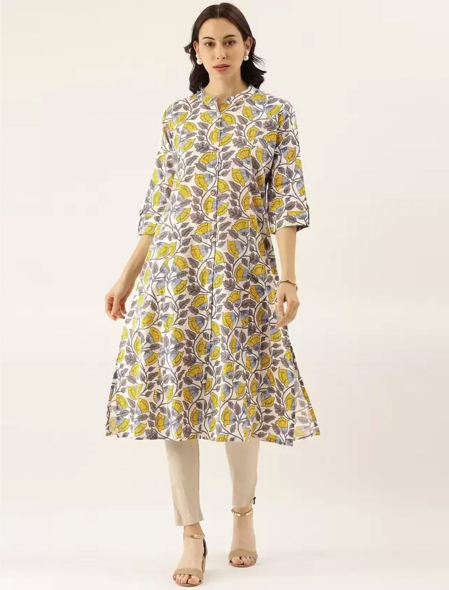 White & Yellow Ethnic Motifs Printed Ethnic Kurta For Women