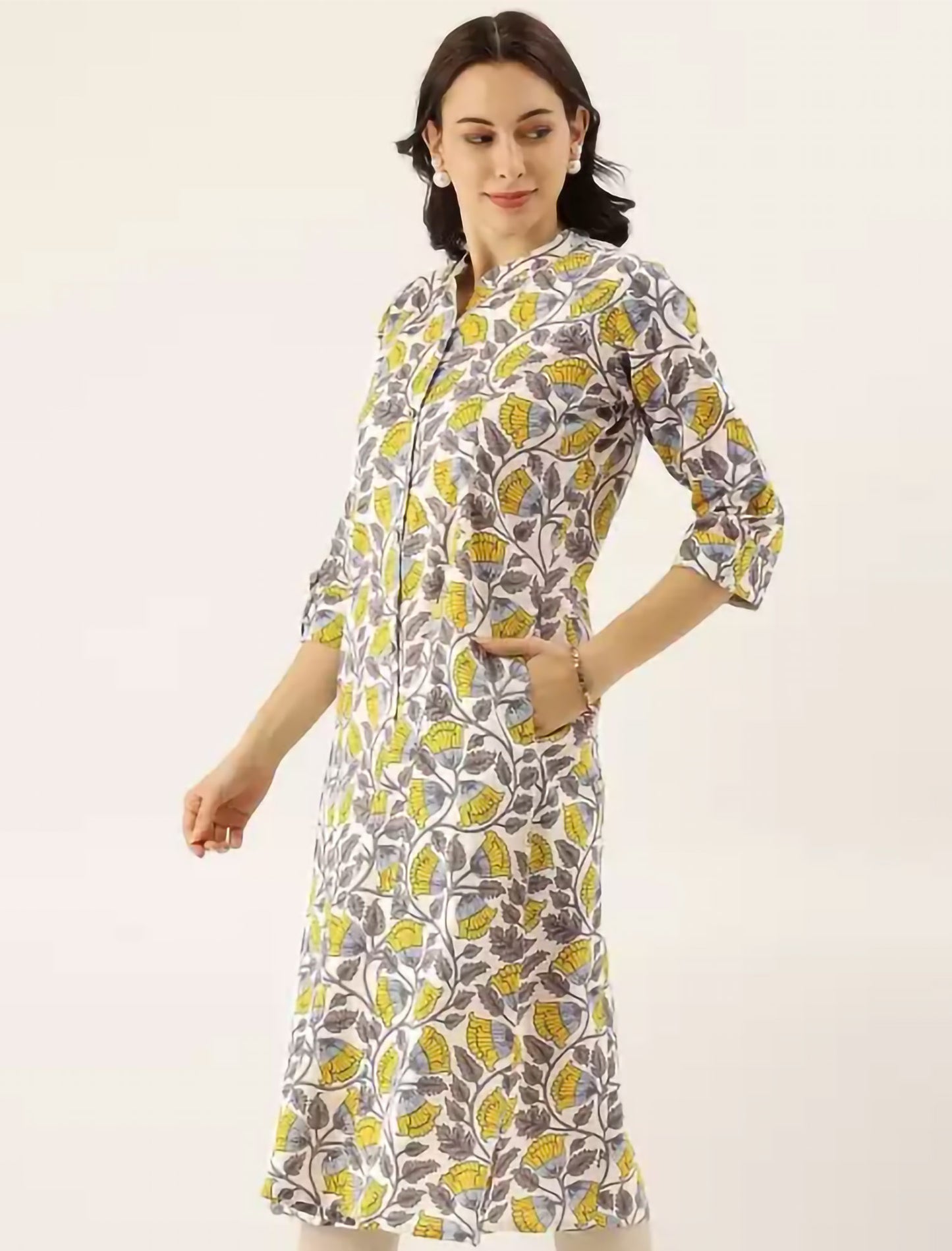 White & Yellow Ethnic Motifs Printed Ethnic Kurta For Women