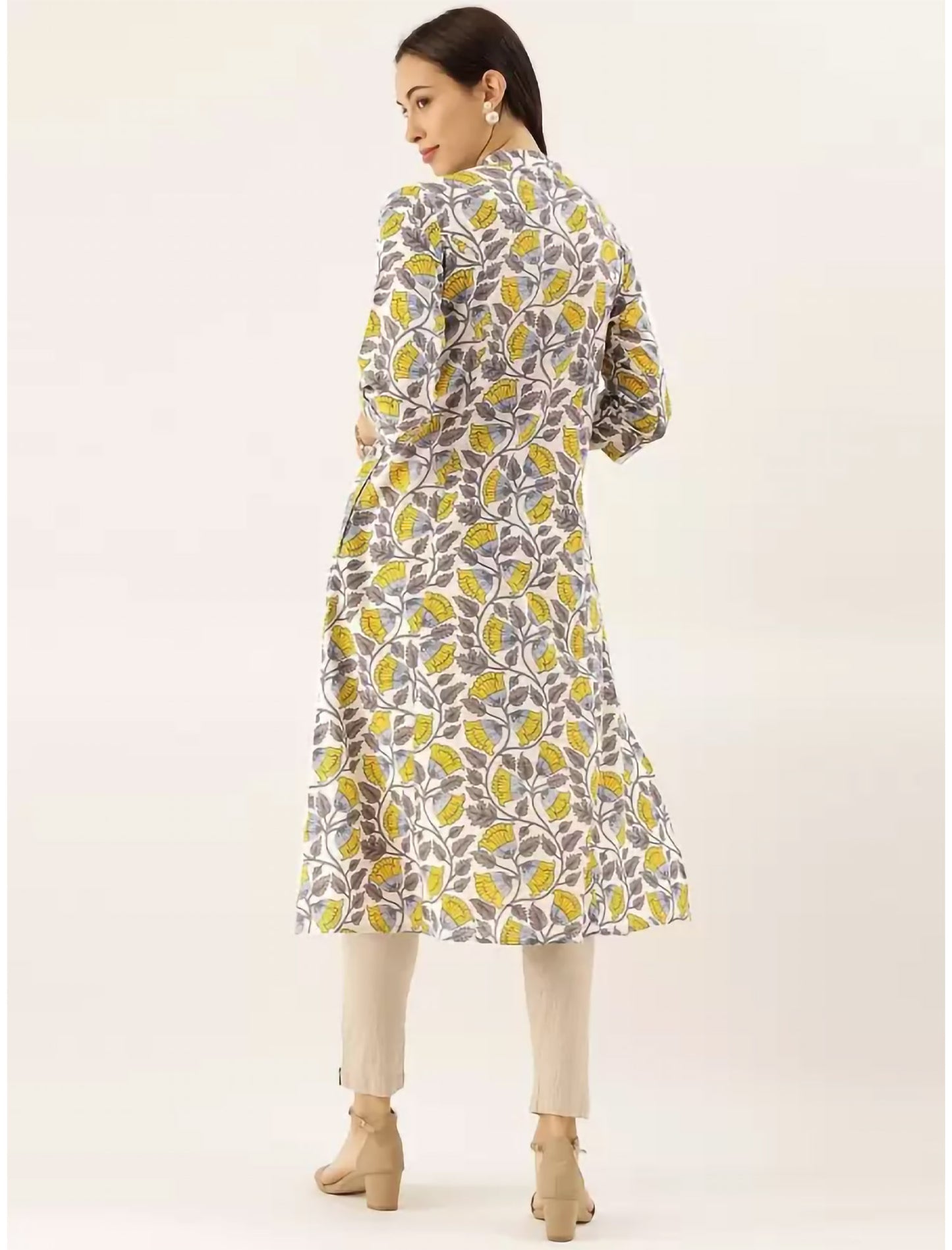 White & Yellow Ethnic Motifs Printed Ethnic Kurta For Women