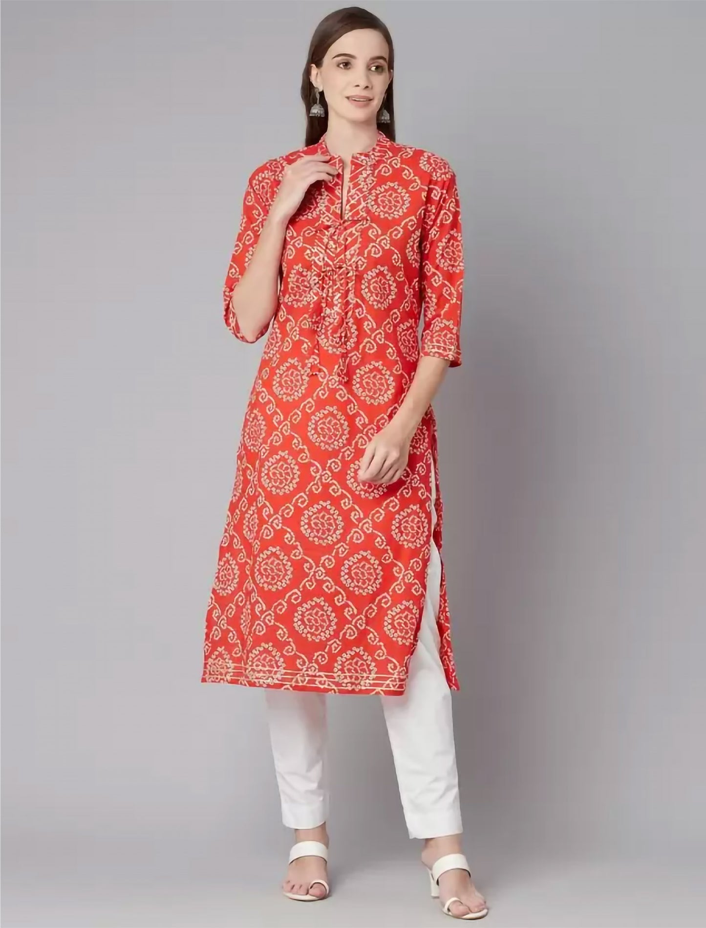 Red Geometric Printed Floral Ethnic Kurta For Women