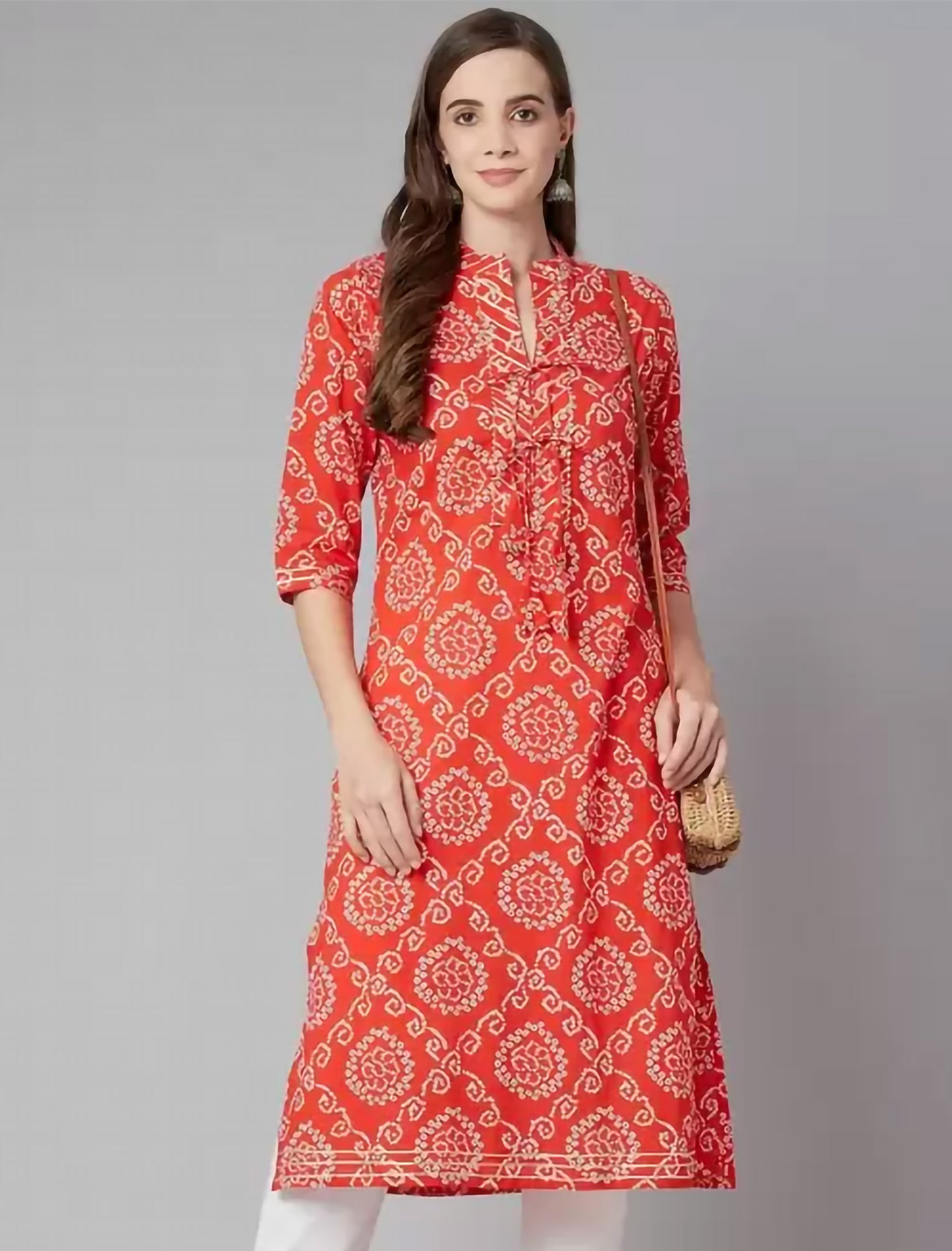 Red Geometric Printed Floral Ethnic Kurta For Women