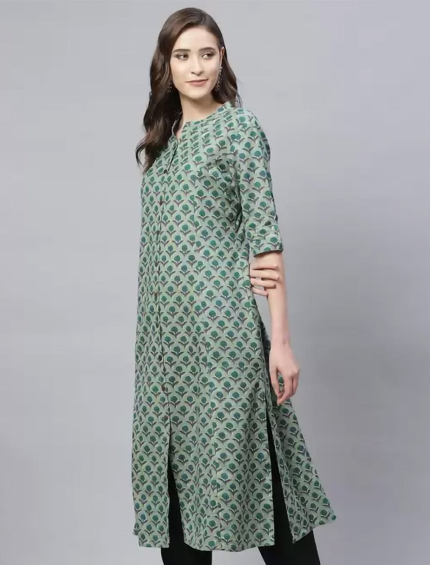 Green Printed Cotton Blend Front Slit Ethnic Kurta For Women