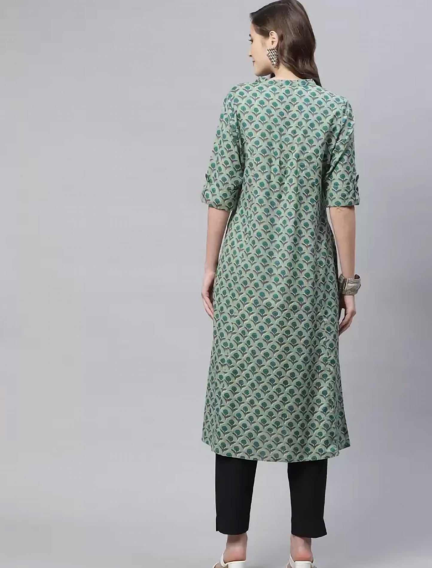 Green Printed Cotton Blend Front Slit Ethnic Kurta For Women