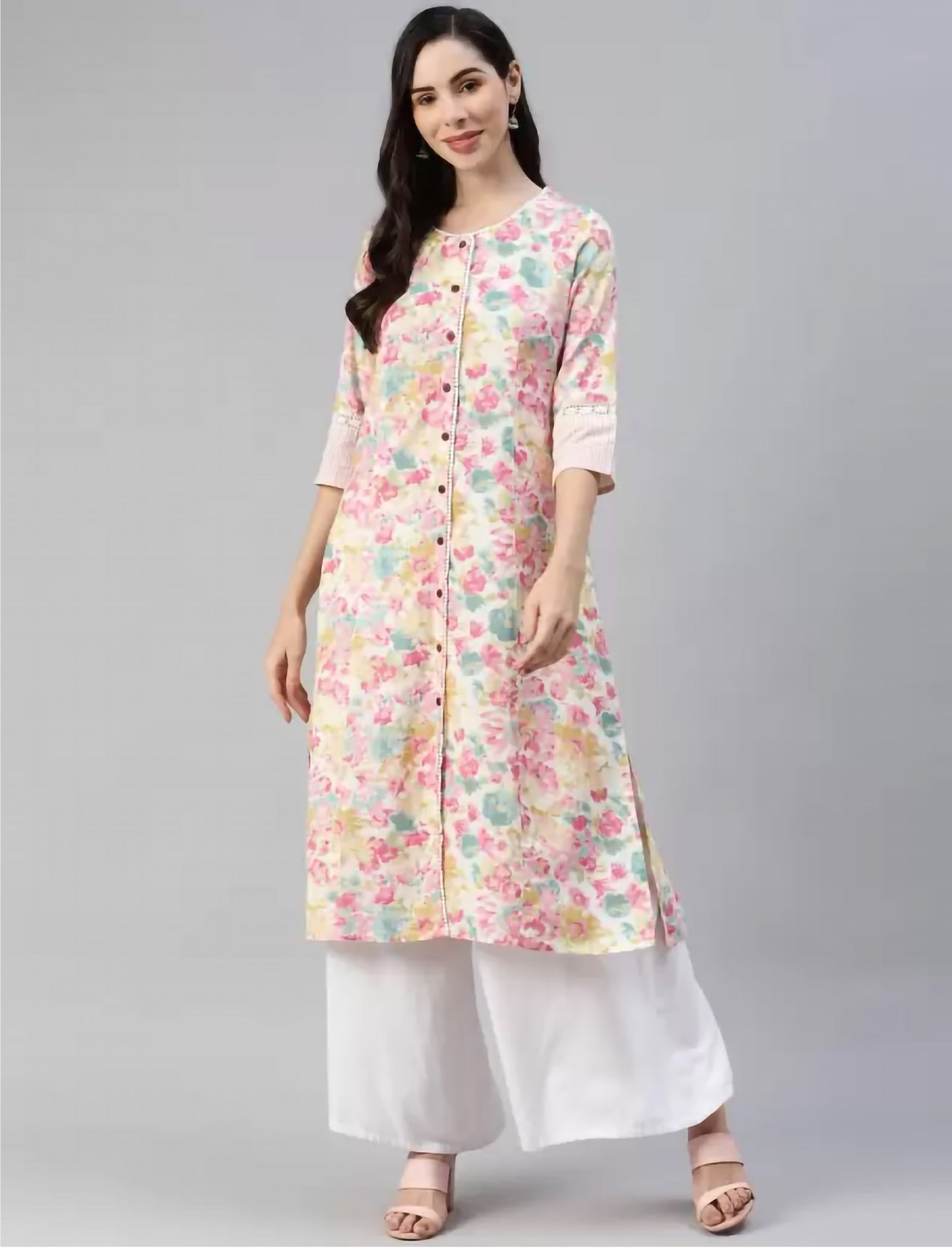 White Floral Printed Ethnic Kurta For Women