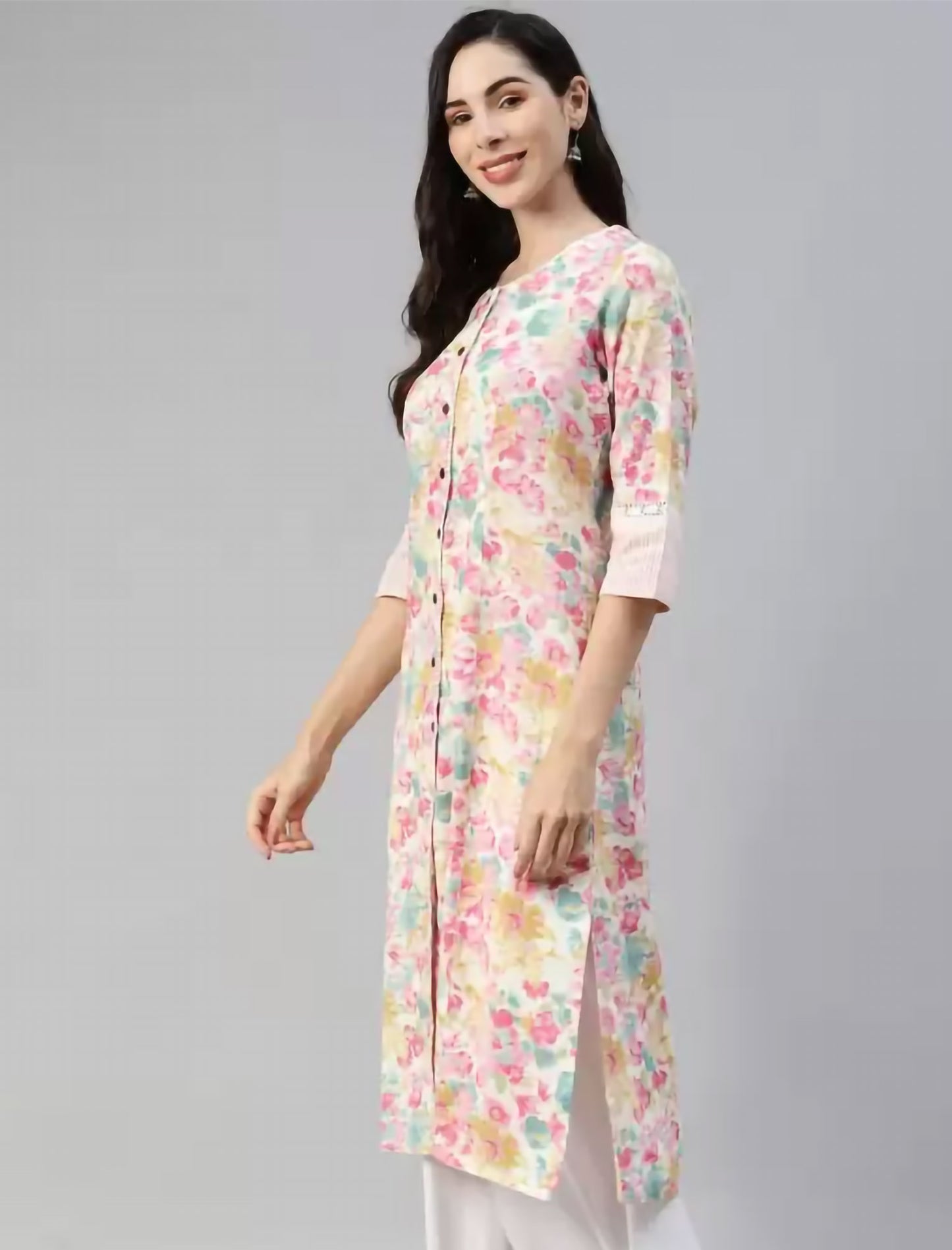 White Floral Printed Ethnic Kurta For Women
