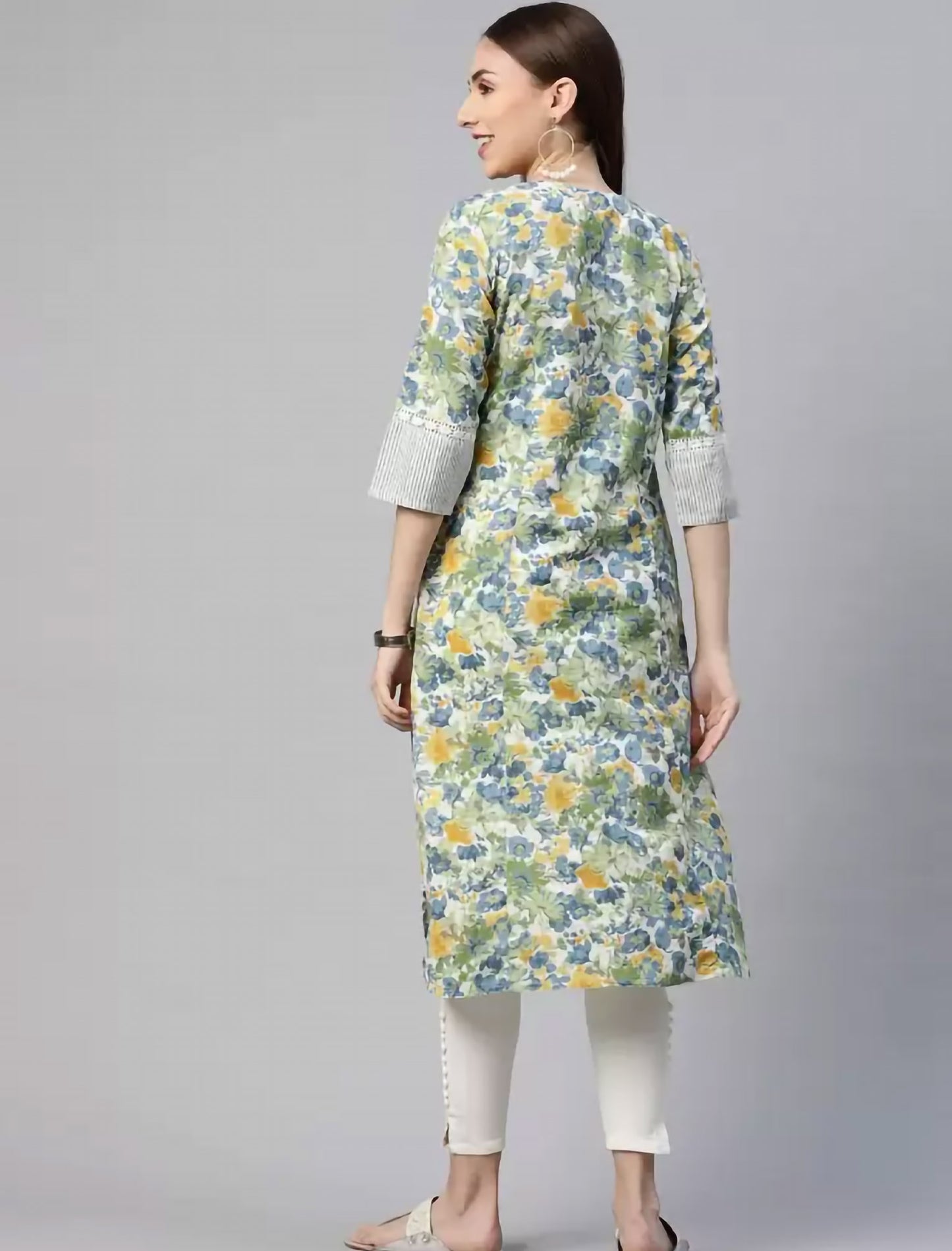 Green Floral Printed Cotton Ethnic Kurta For Women