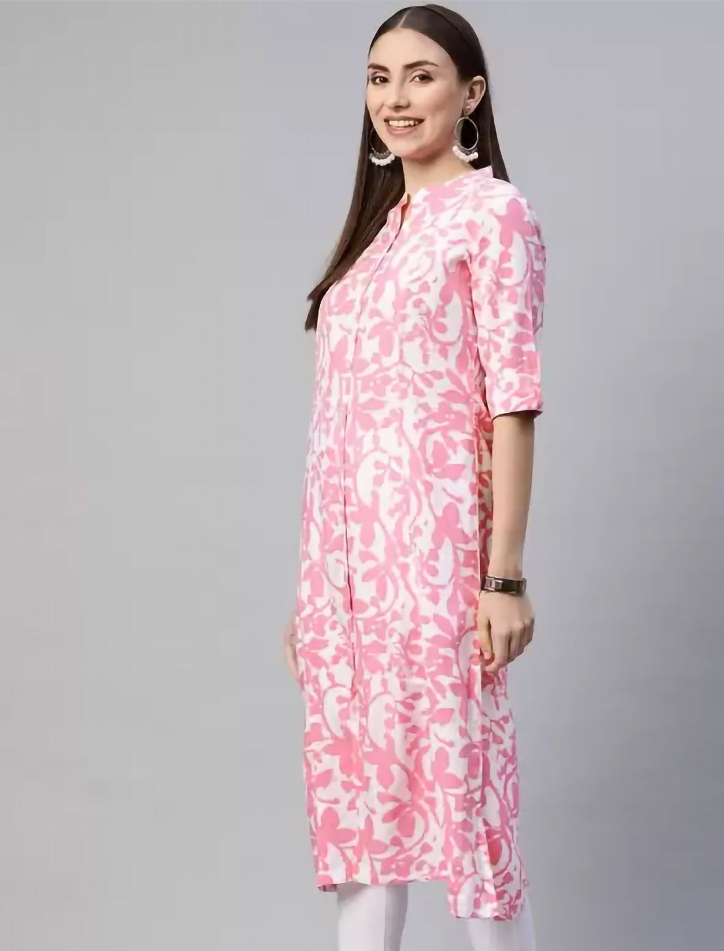 White Floral Printed Cotton Ethnic Kurta For Women