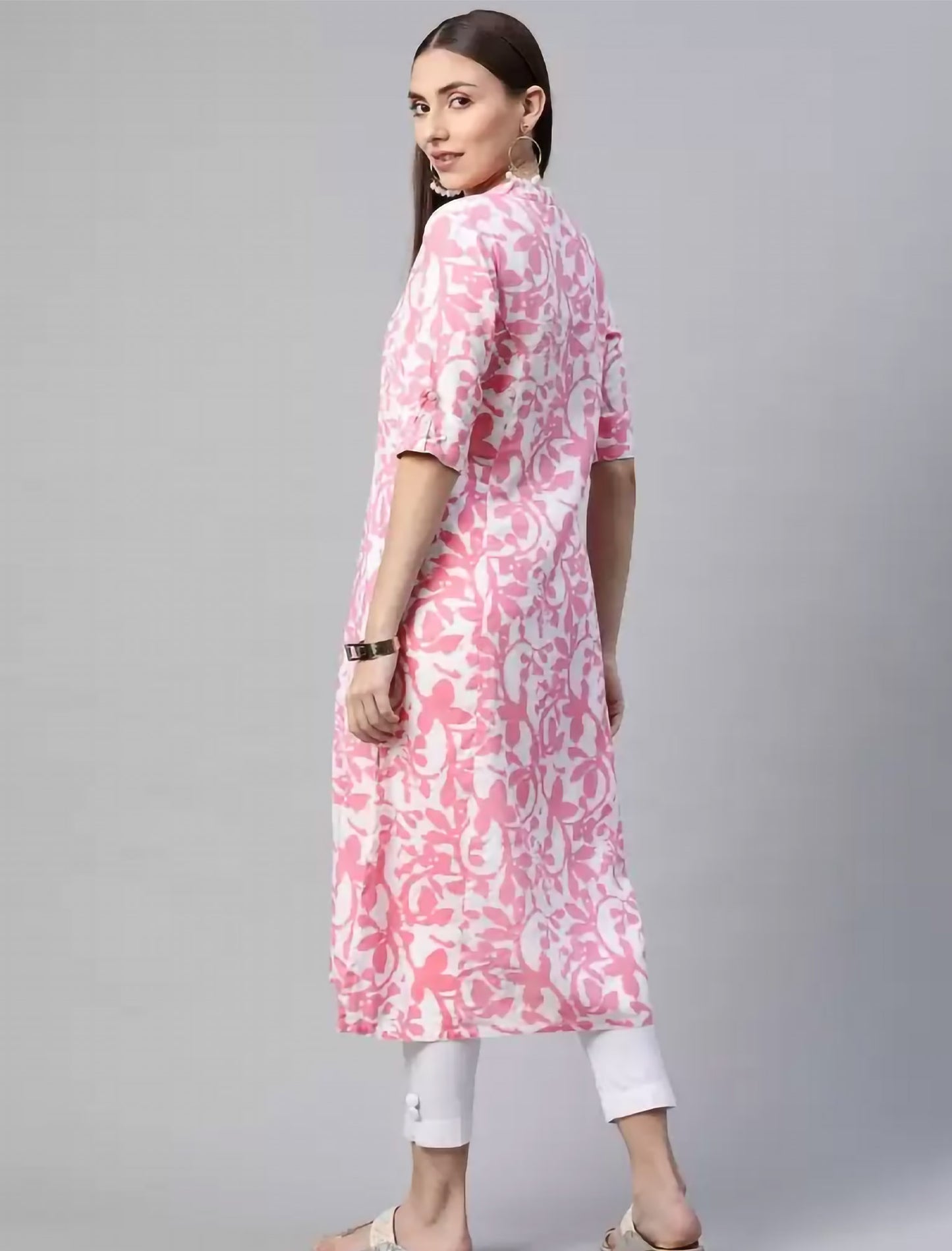 White Floral Printed Cotton Ethnic Kurta For Women