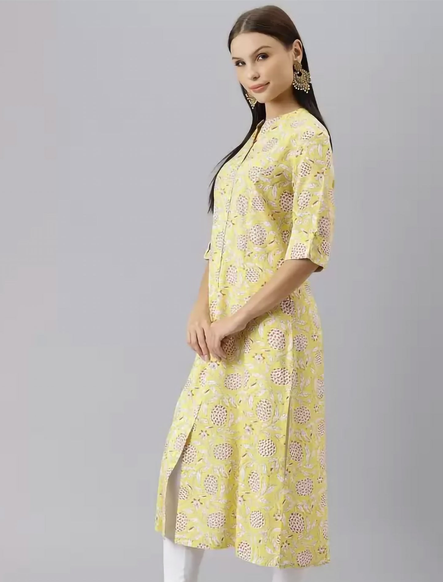 Yellow & Off White Linen Floral Print Divena Kurta For Women