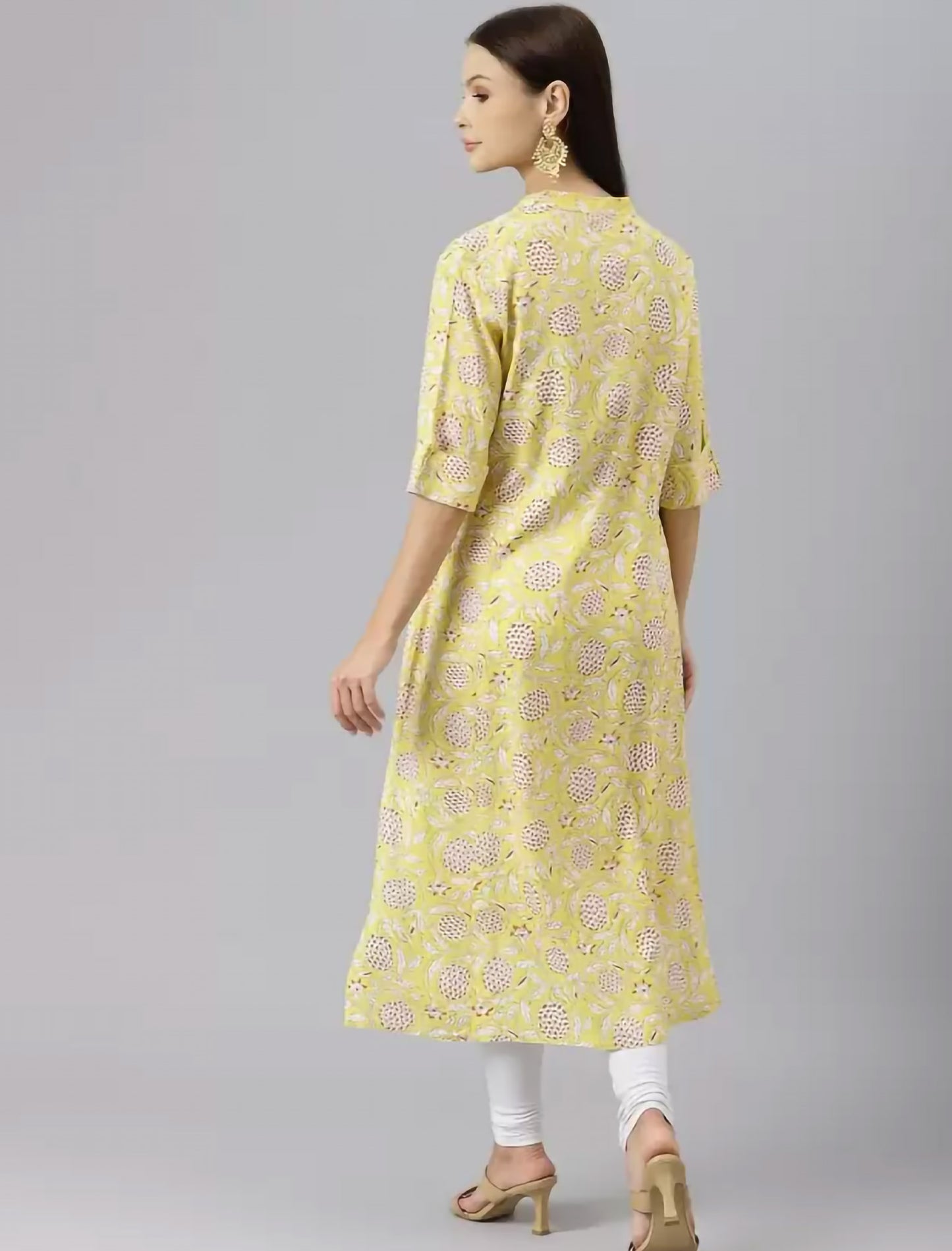 Yellow & Off White Linen Floral Print Divena Kurta For Women
