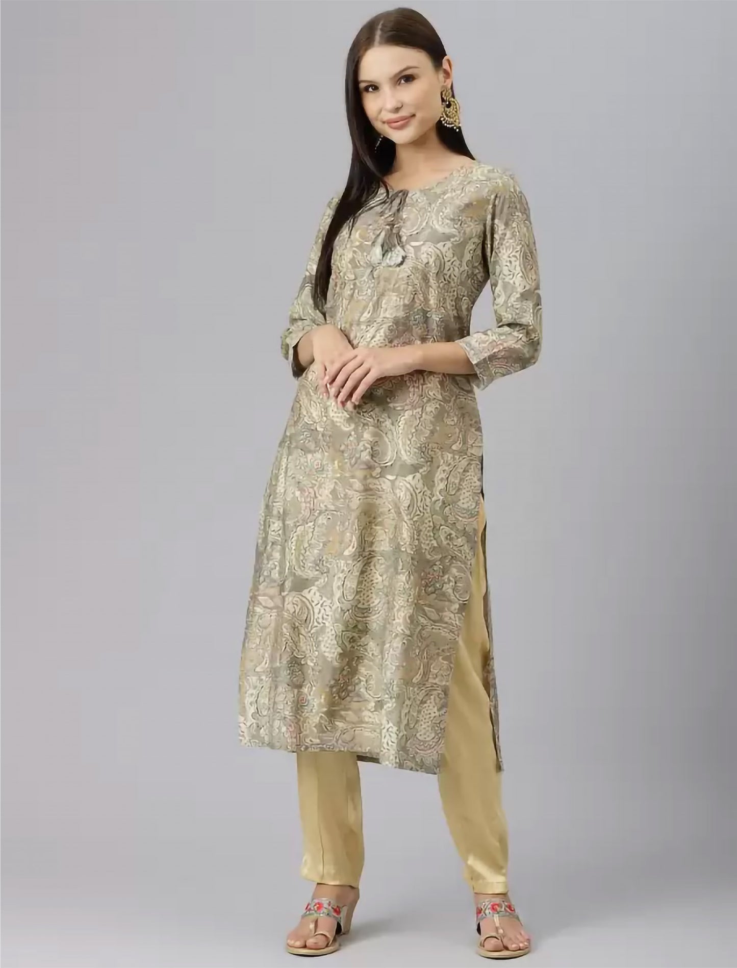 Green & Grey Ethnic Motifs Printed Divena Kurta For Women