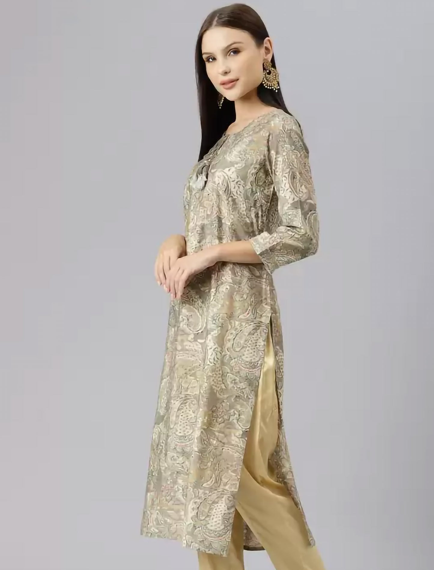 Green & Grey Ethnic Motifs Printed Divena Kurta For Women