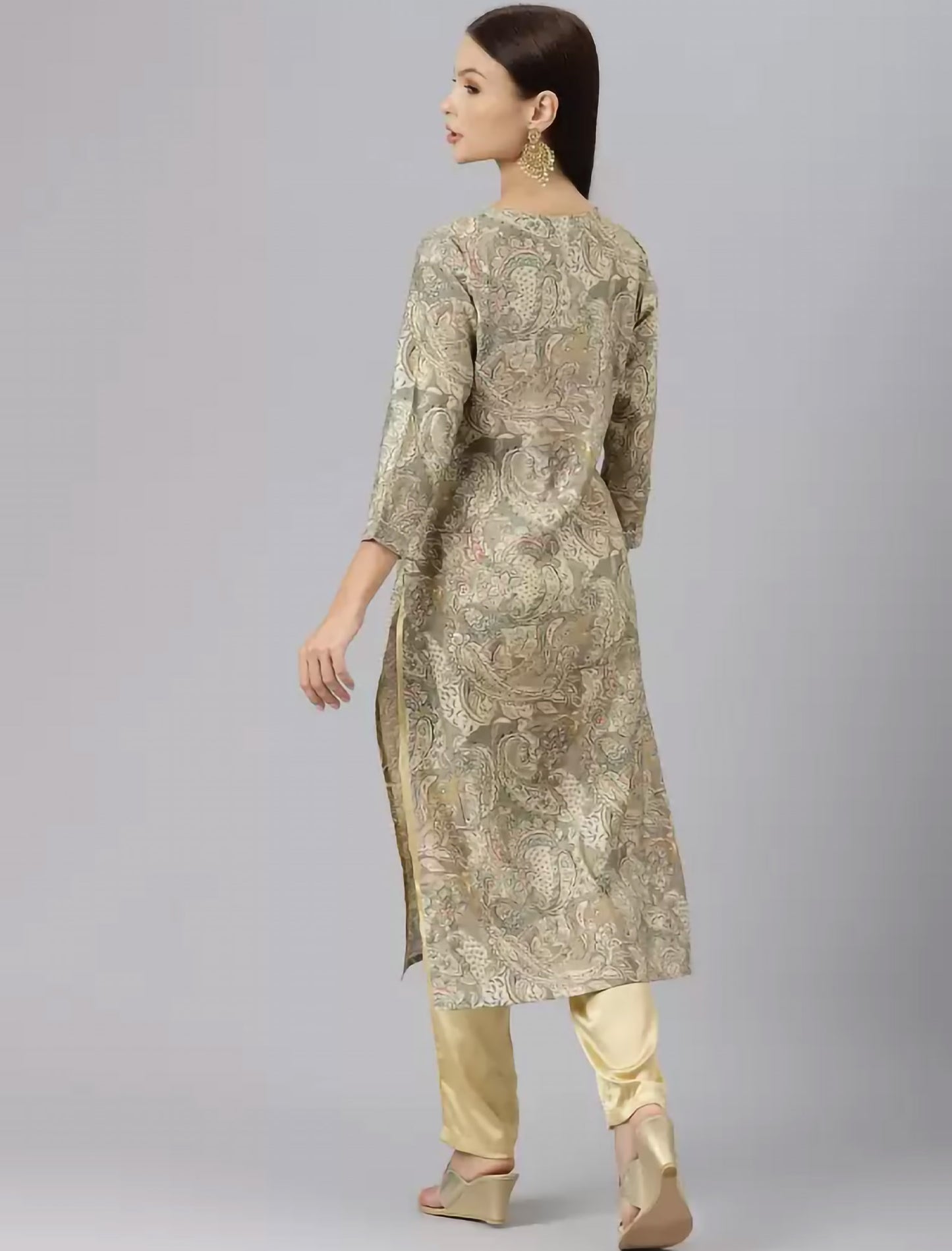 Green & Grey Ethnic Motifs Printed Divena Kurta For Women