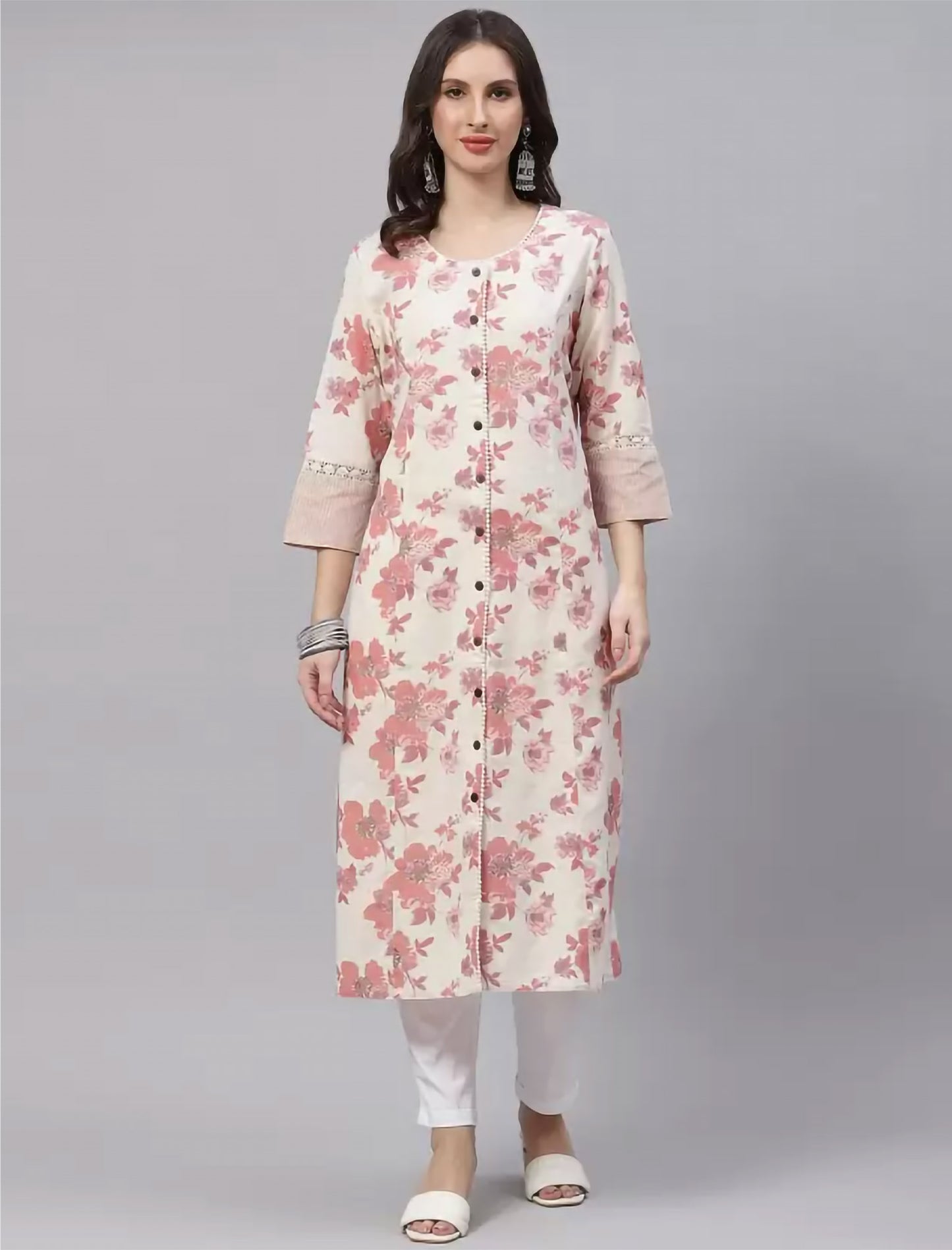 Cream Floral Printed A-line Ethnic Kurta For Women